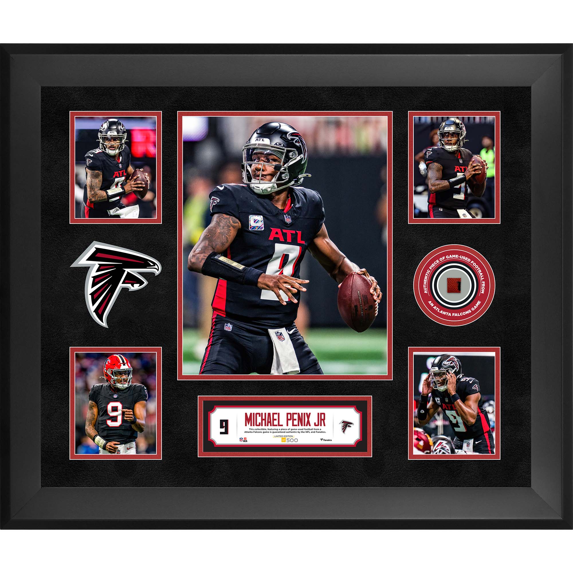Michael Penix Jr. Atlanta Falcons Framed 20" x 24" 5-Photo Collage with a Piece of Game-Used Football - Limited Edition of 500