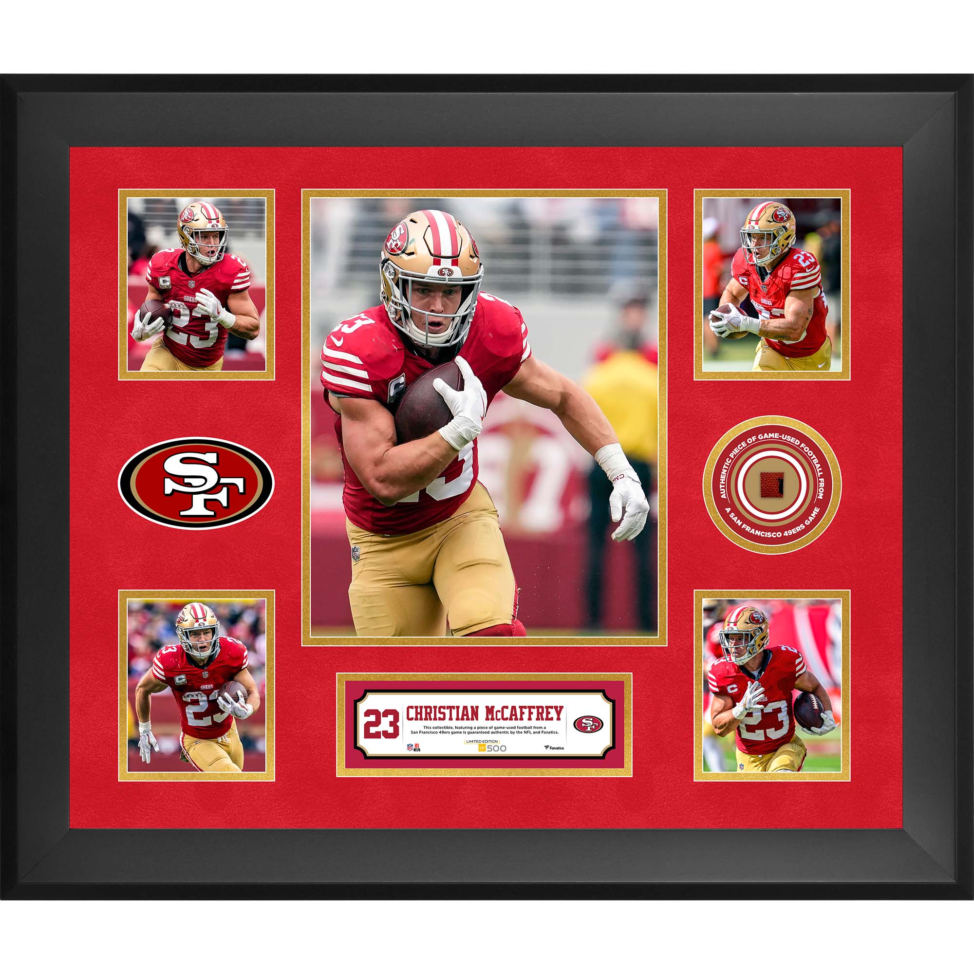 Christian McCaffrey San Francisco 49ers Framed 20" x 24" 5-Photo Collage with a Piece of Game-Used Football - Limited Edition of 500