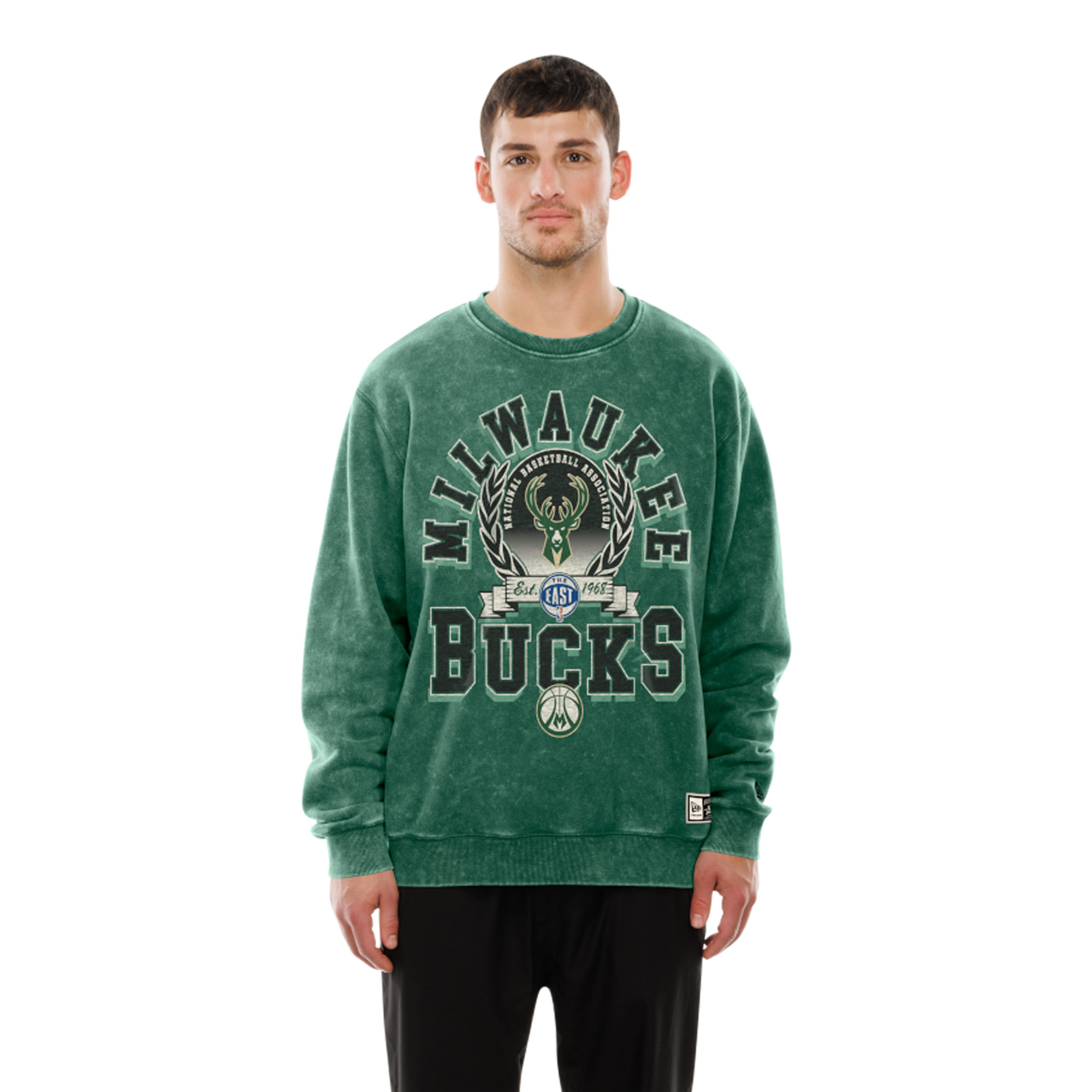 Men's New Era Hunter Green Milwaukee Bucks Mineral Wash Crew Sweatshirt