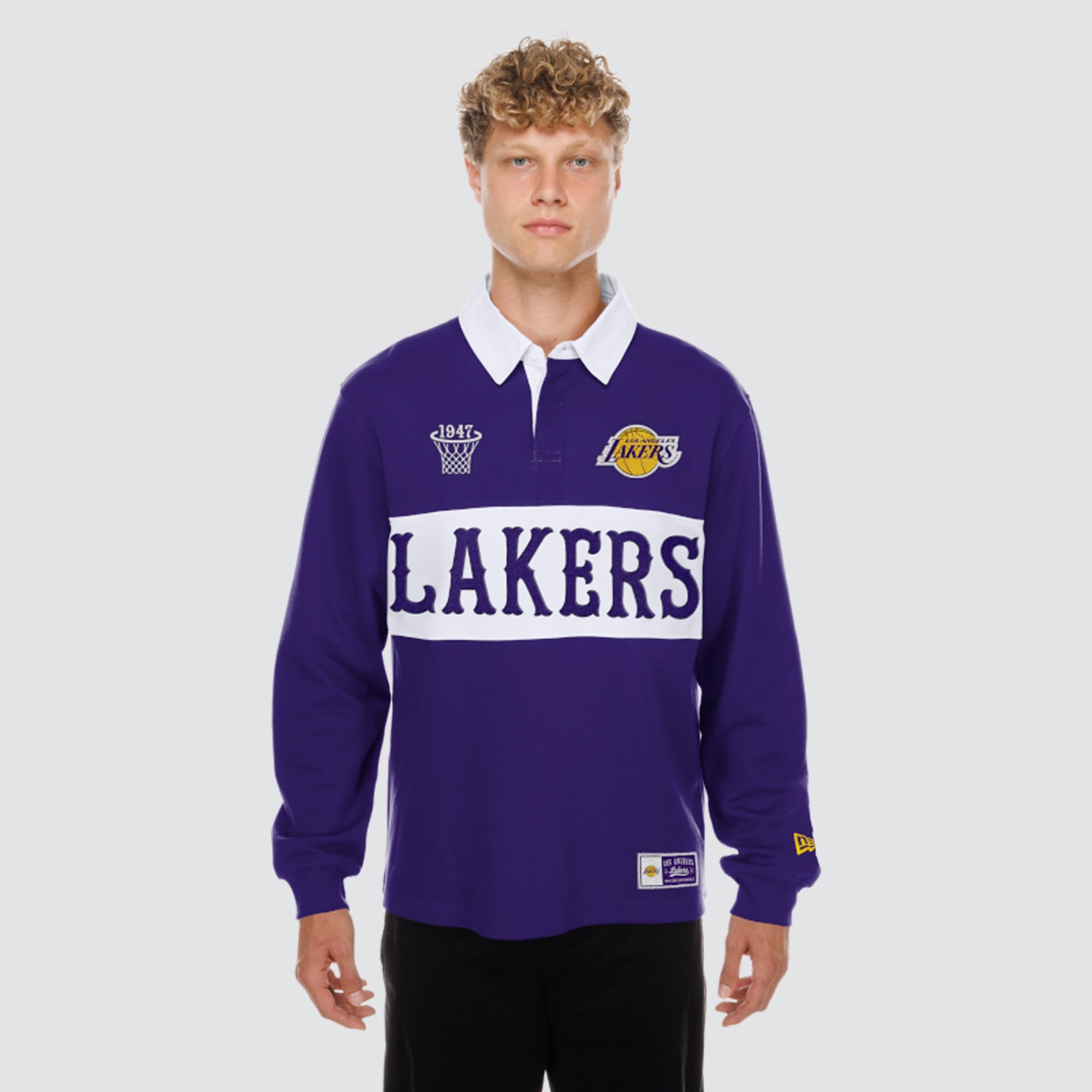 Men's New Era Purple Los Angeles Lakers Rugby Long Sleeve Polo
