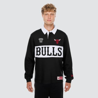 Men's New Era Black Chicago Bulls Rugby Long Sleeve Polo