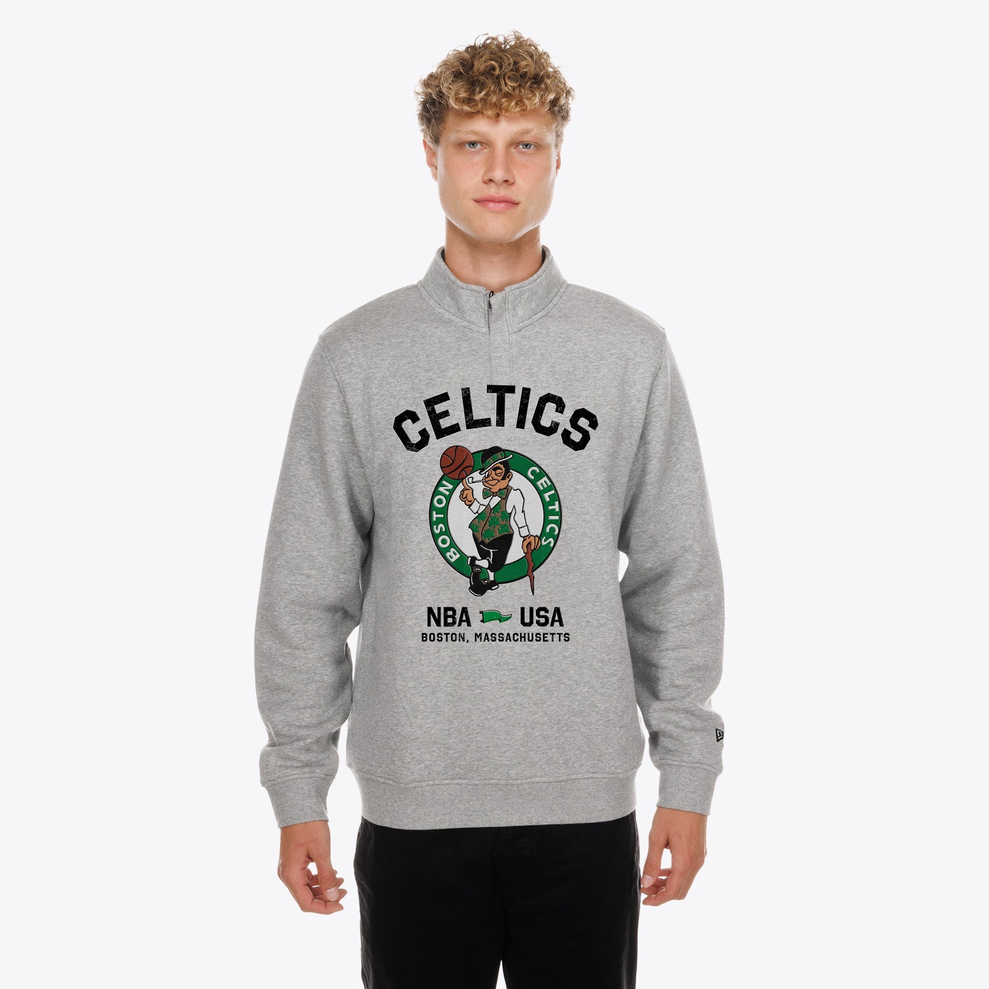 Men's New Era Gray Boston Celtics Mixed Media Graphic Quarter-Zip Fleece Sweatshirt