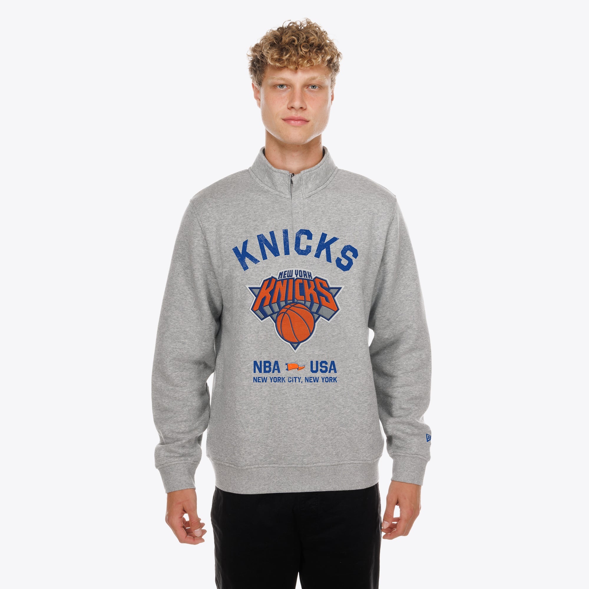 Men's New Era Gray New York Knicks Mixed Media Graphic Quarter-Zip Fleece Sweatshirt