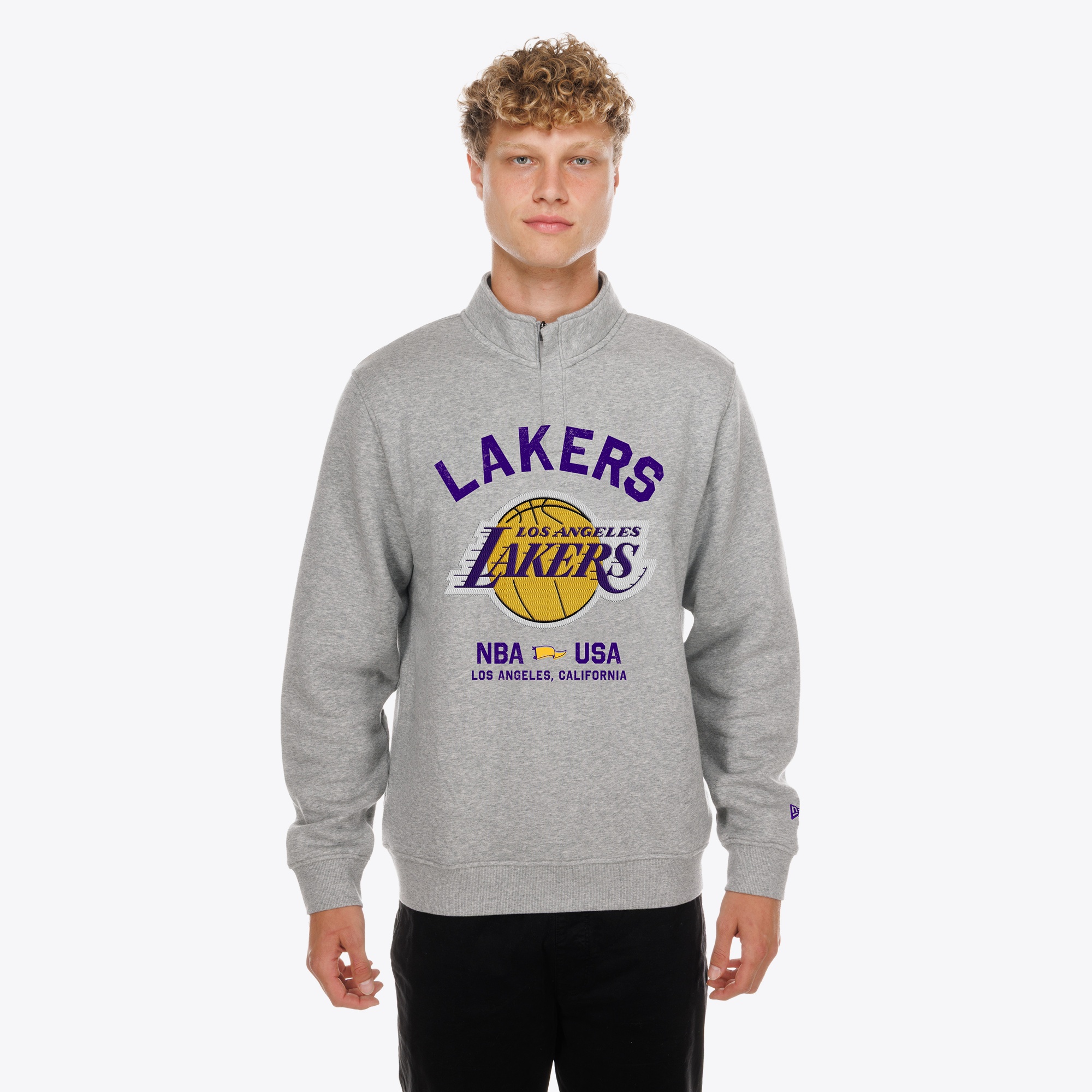 Men's New Era Gray Los Angeles Lakers Mixed Media Graphic Quarter-Zip Fleece Sweatshirt