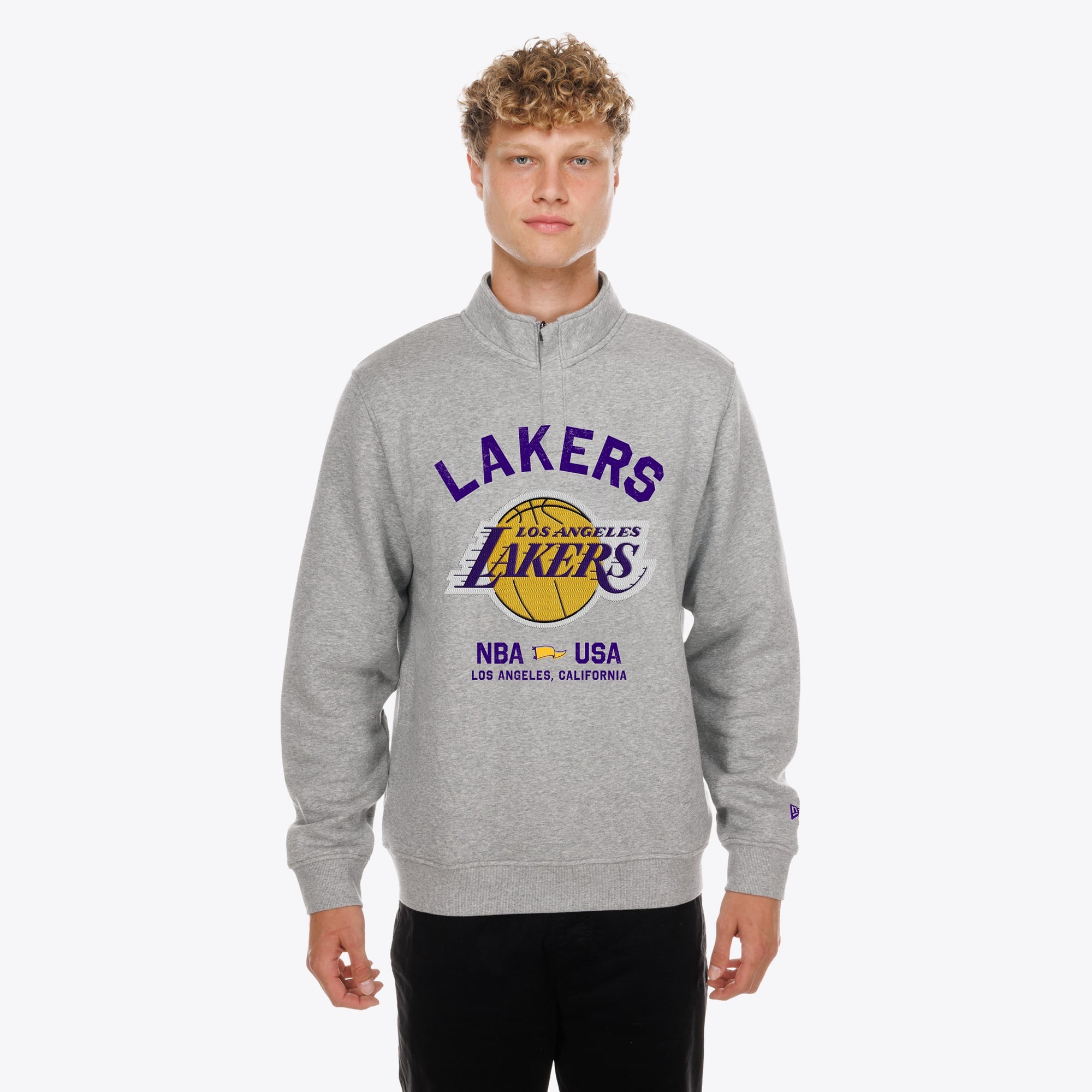 Men's New Era Gray Los Angeles Lakers Mixed Media Graphic Quarter-Zip Fleece Sweatshirt