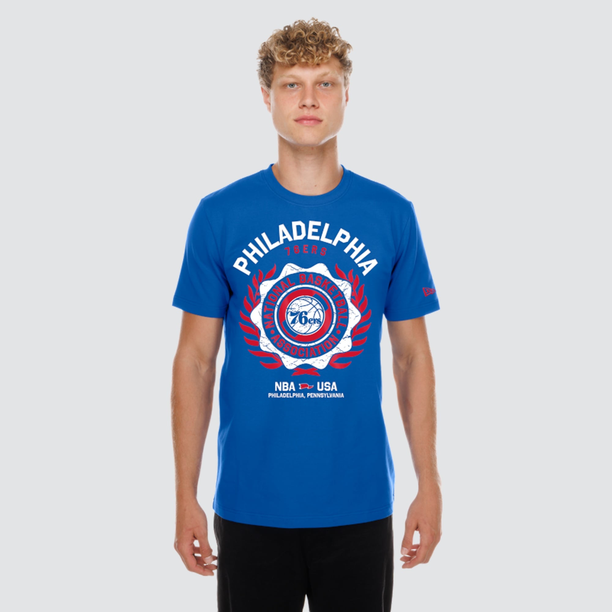 Men's New Era  Royal Philadelphia 76ers Laurel Crest Flocking T-Shirt