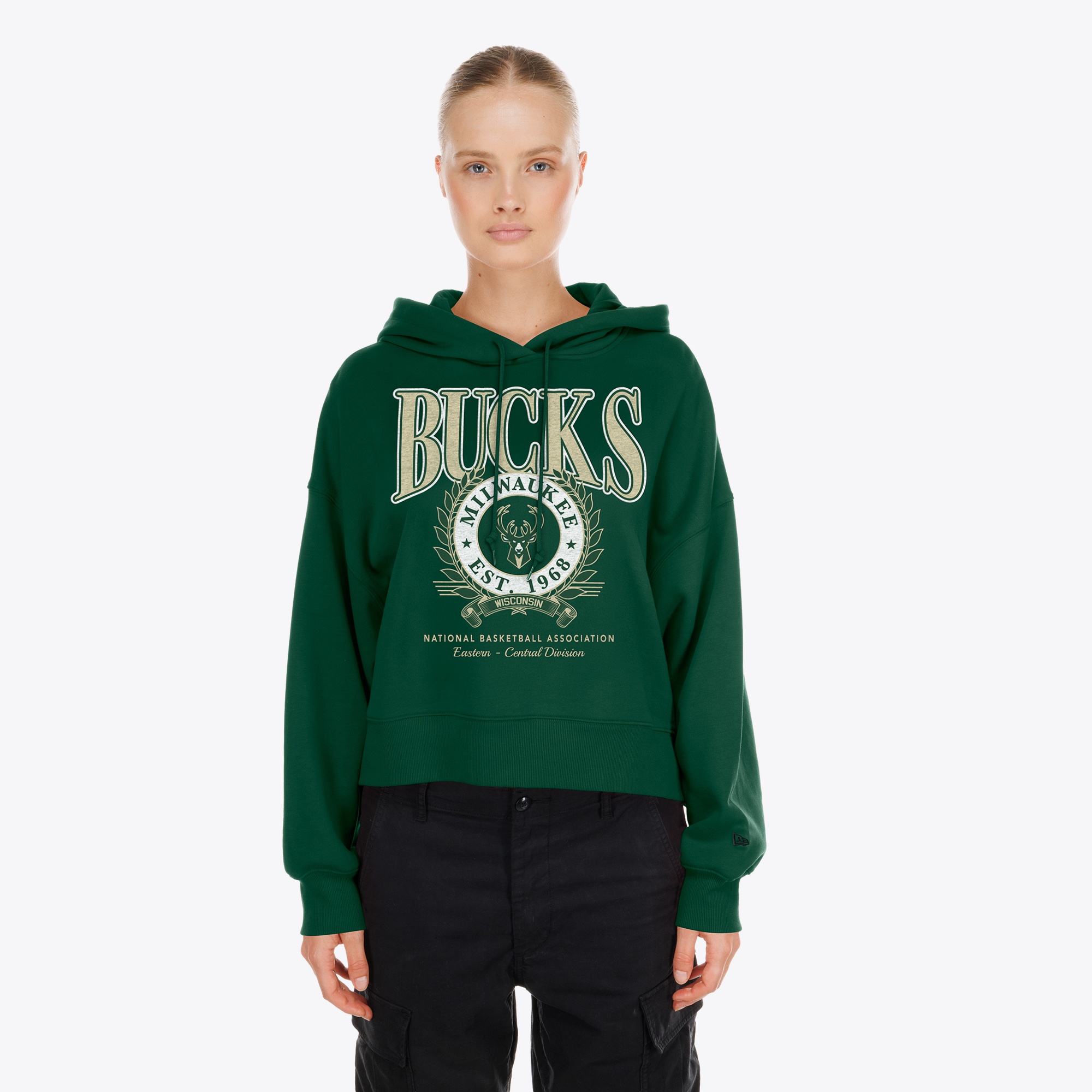 Women's New Era Dark Green Milwaukee Bucks Dolman Sleeve Boxy Pullover Hoodie