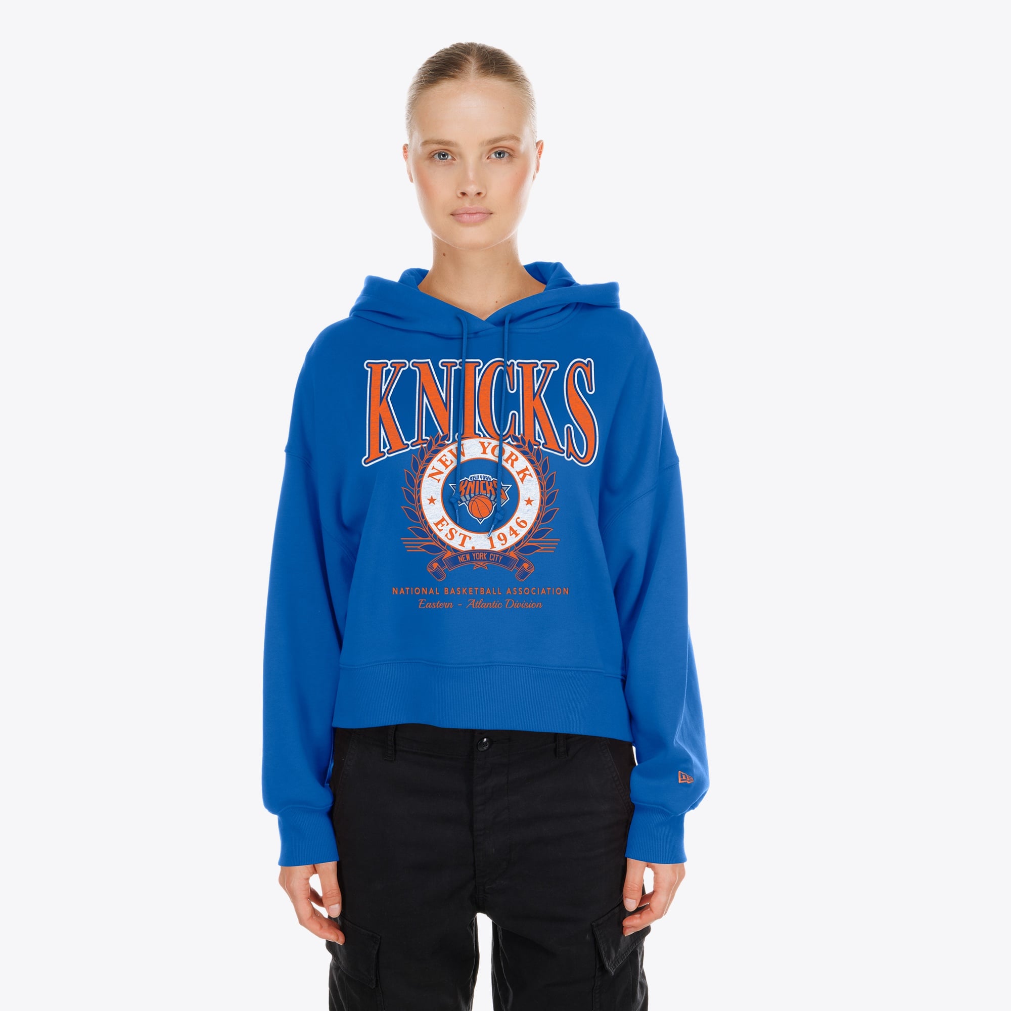 Women's New Era Blue New York Knicks Dolman Sleeve Boxy Pullover Hoodie