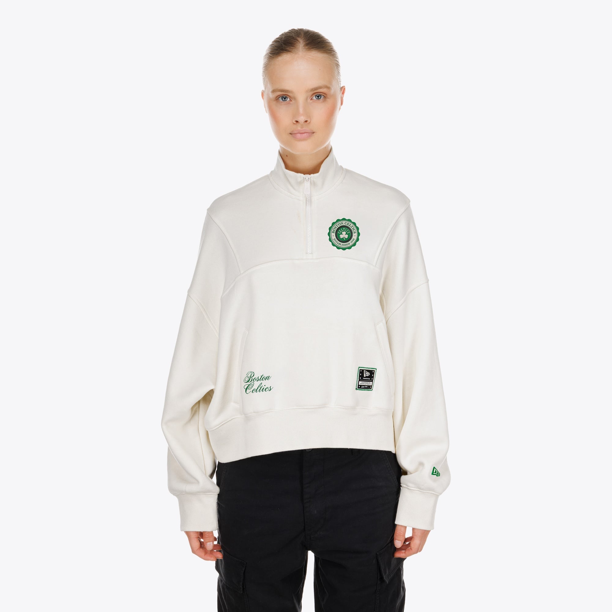 Women's New Era  Cream Boston Celtics Dolman Quarter-Zip Fleece Sweatshirt