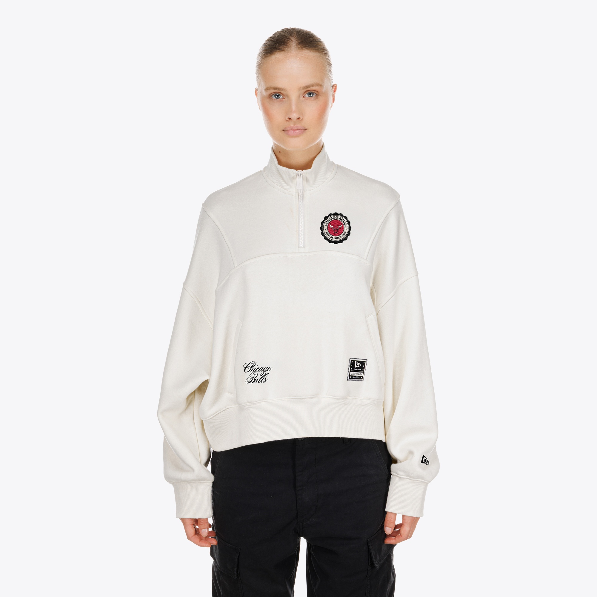 Women's New Era  Cream Chicago Bulls Dolman Quarter-Zip Fleece Sweatshirt