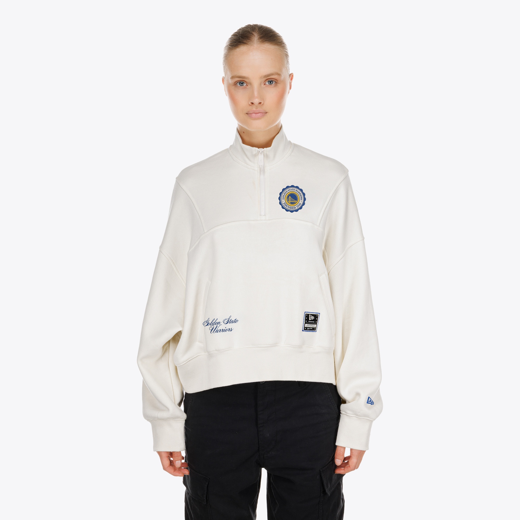 Women's New Era Cream Golden State Warriors Dolman Quarter-Zip Fleece Sweatshirt