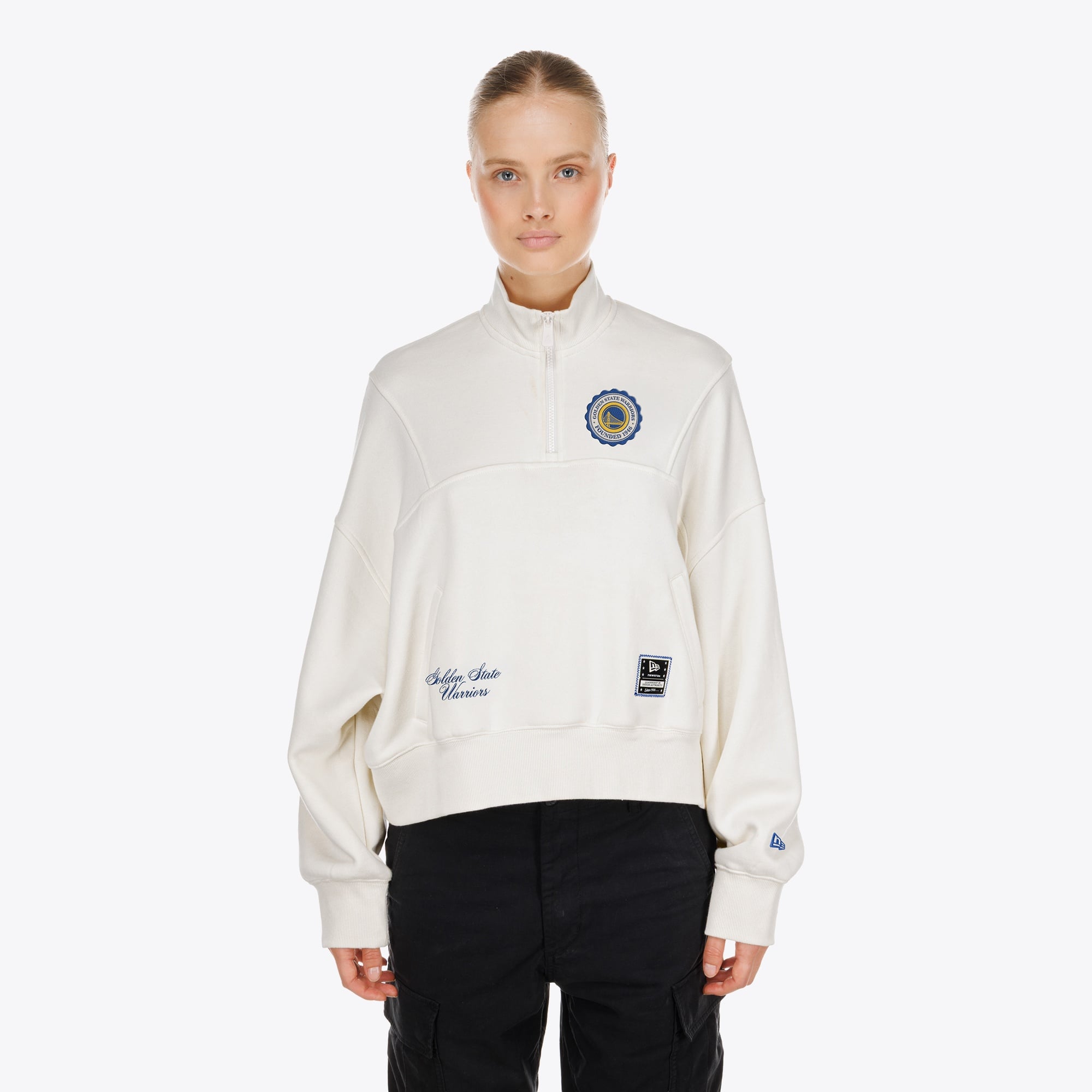 Women's New Era  Cream Golden State Warriors Dolman Quarter-Zip Fleece Sweatshirt