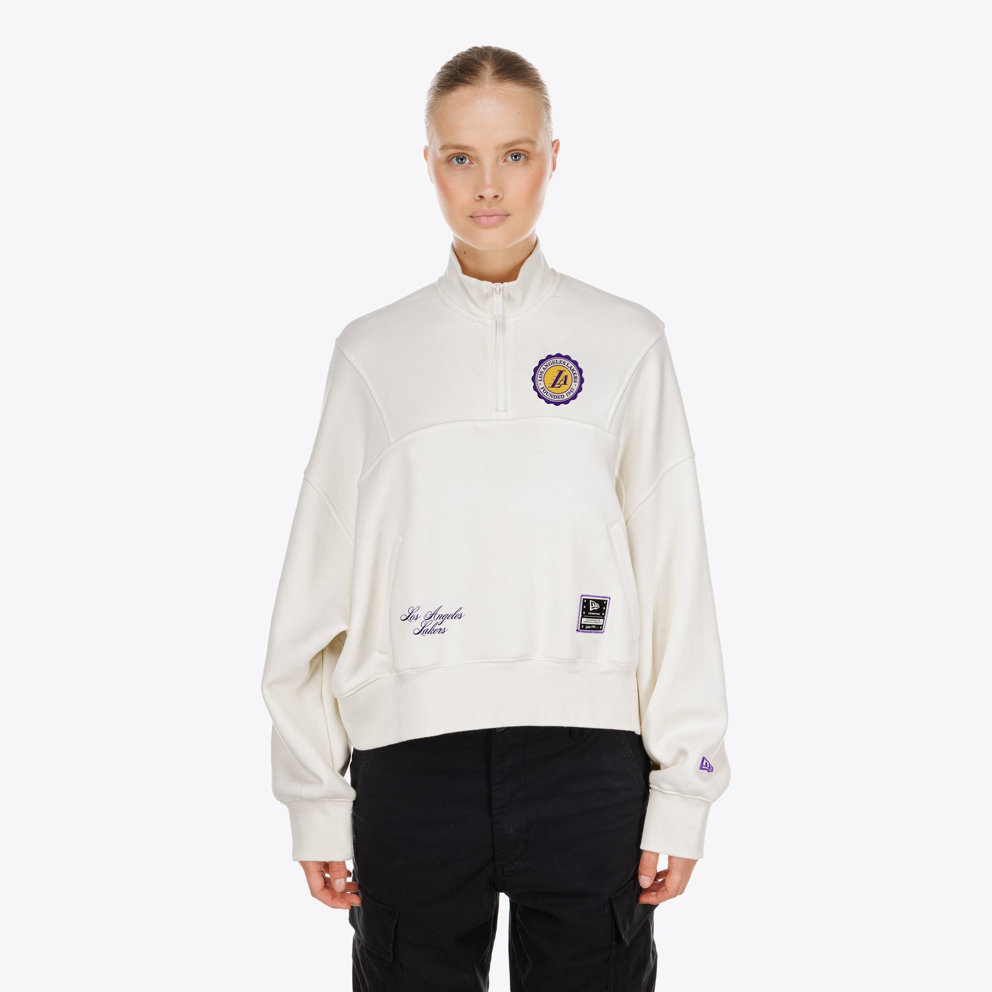 Women's New Era Cream Los Angeles Lakers Dolman Quarter-Zip Fleece Sweatshirt