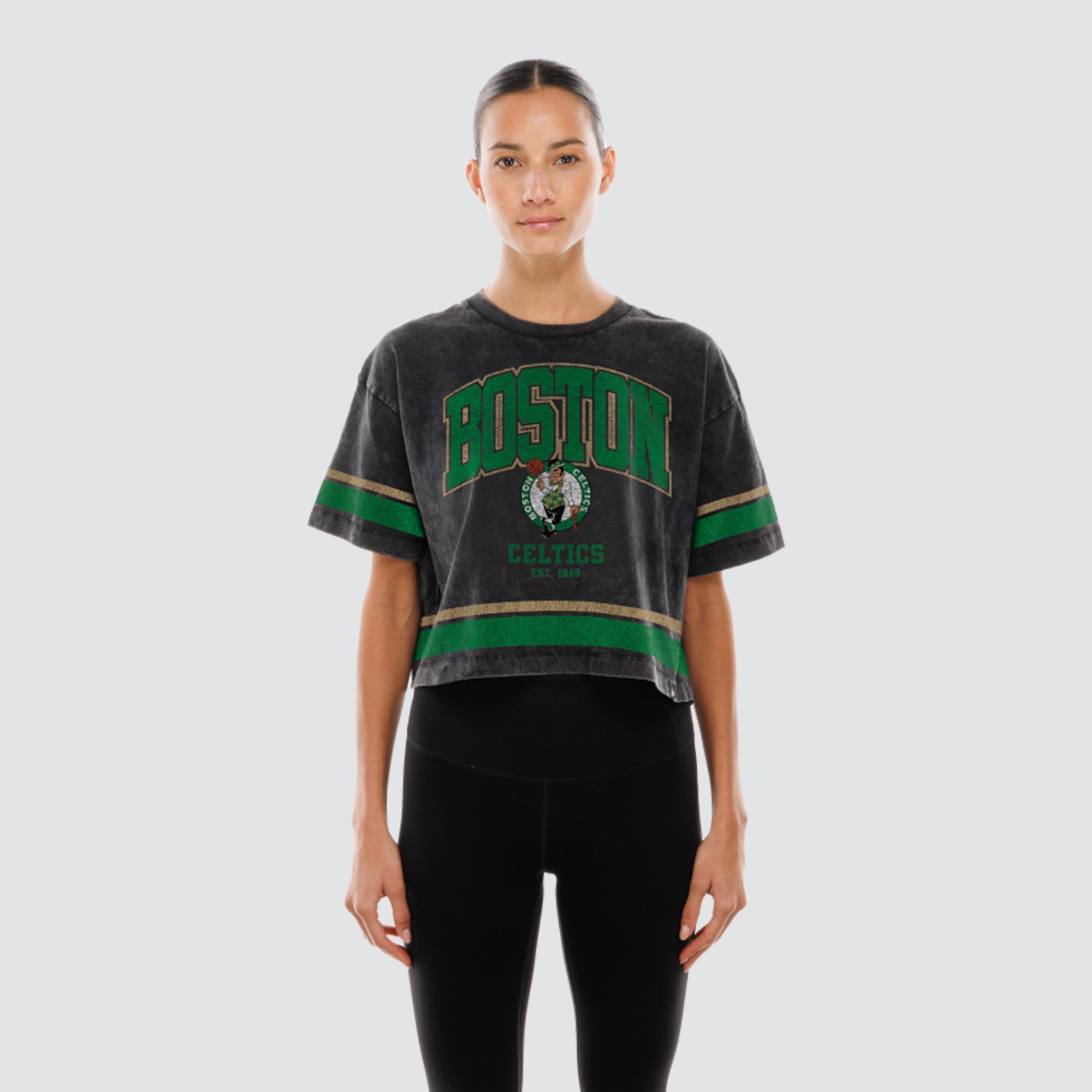 Women's New Era  Black Boston Celtics Cropped Boxy Mineral Wash T-Shirt