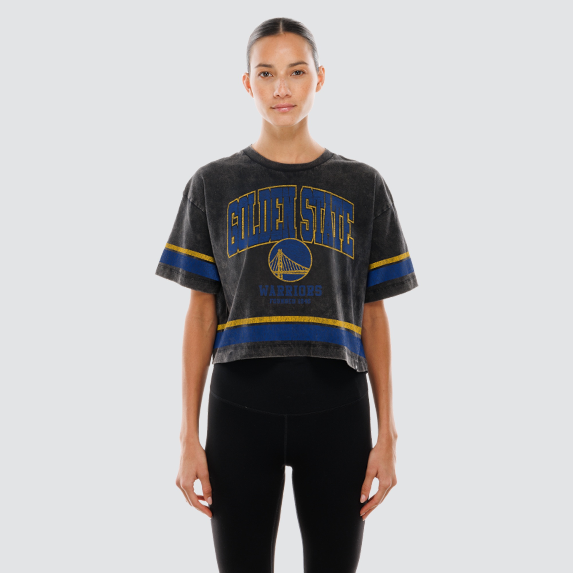 Women's New Era  Black Golden State Warriors Cropped Boxy Mineral Wash T-Shirt
