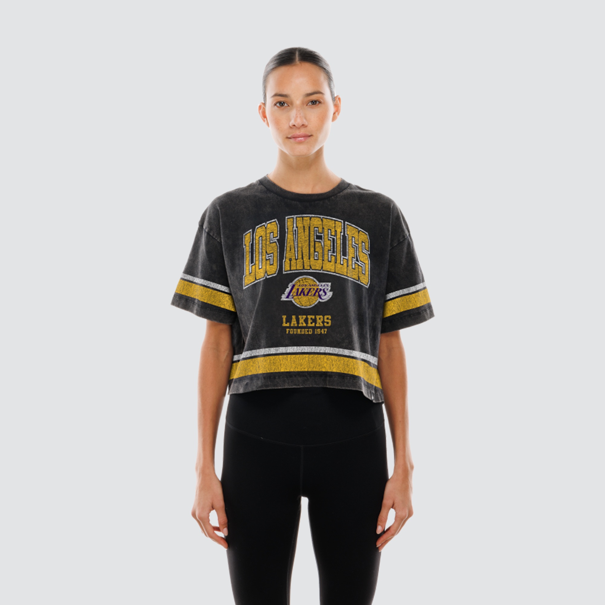 Women's New Era  Black Los Angeles Lakers Cropped Boxy Mineral Wash T-Shirt