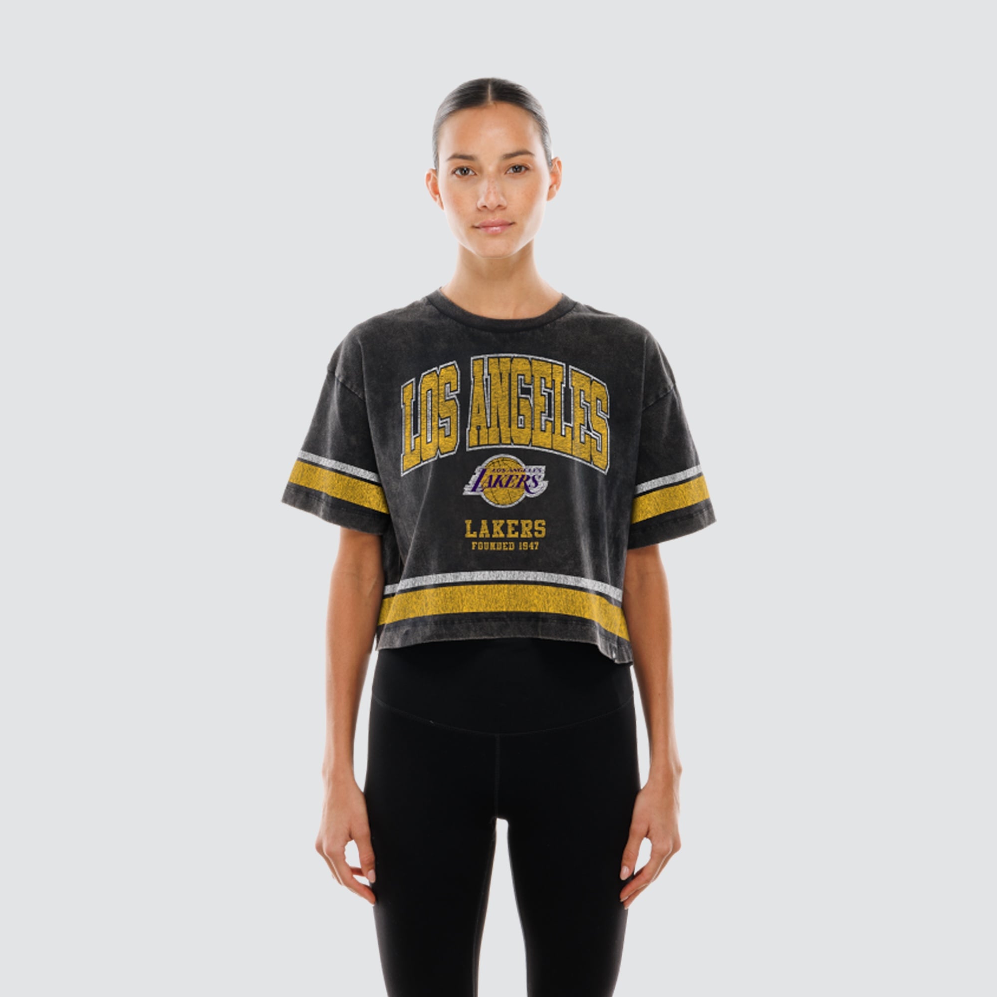 Women's New Era Black Los Angeles Lakers Cropped Boxy Mineral Wash T-Shirt