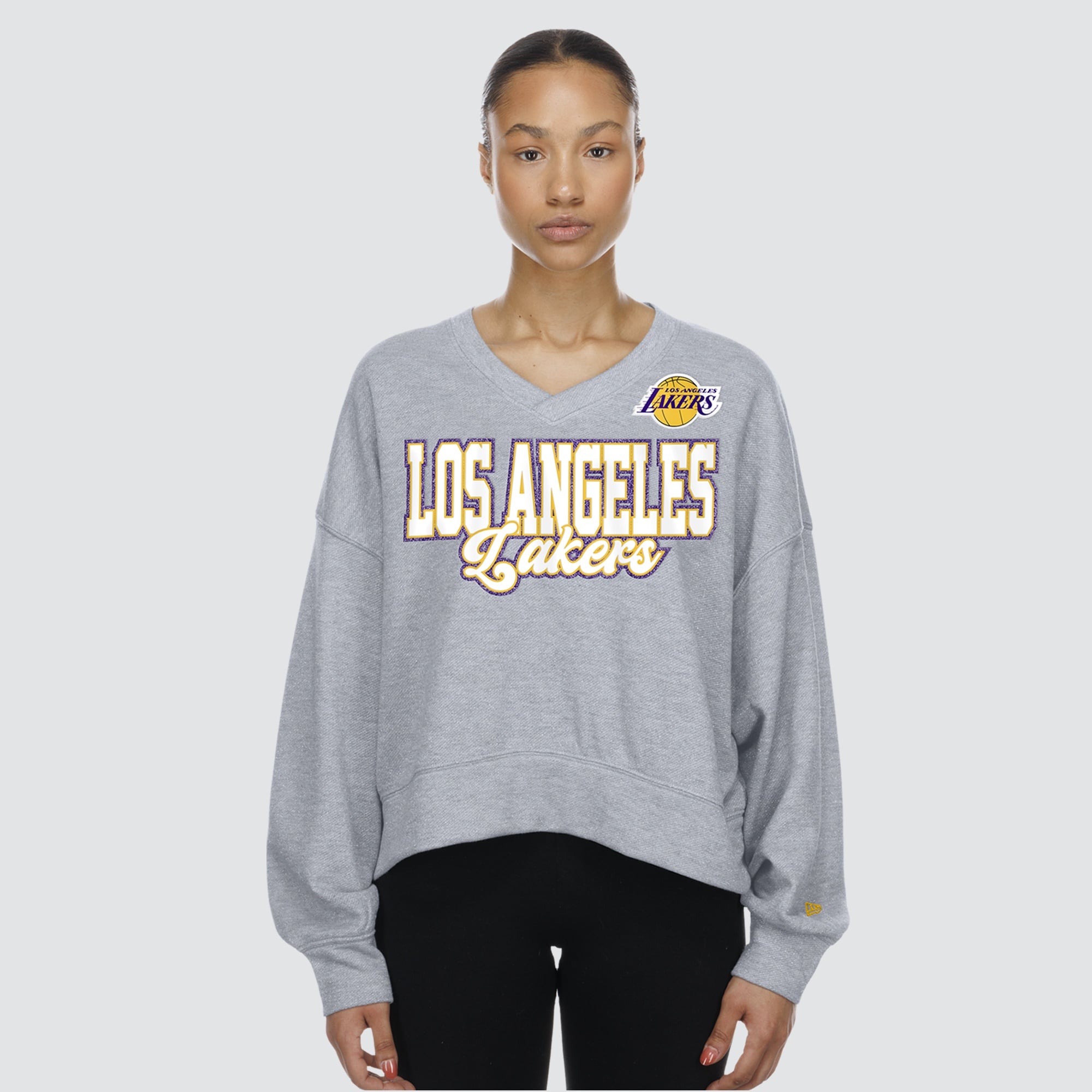 Women's New Era Heather Gray Los Angeles Lakers Oversized Cropped V-Neck Fleece Sweatshirt