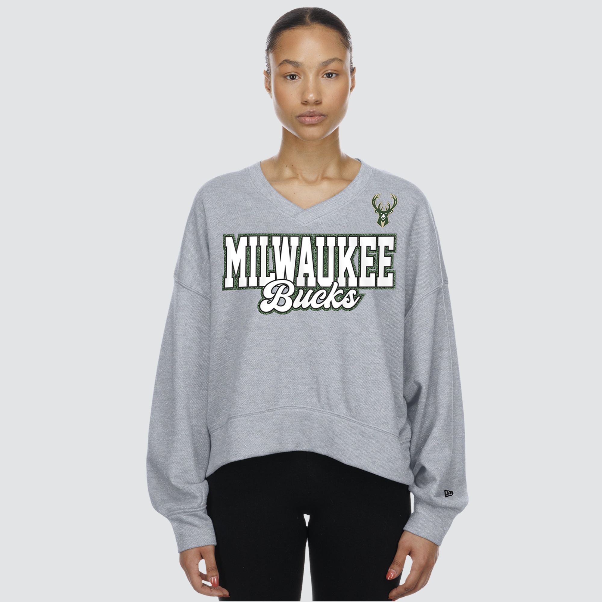 Women's New Era Gray Milwaukee Bucks Oversized Cropped V-Neck Fleece Sweatshirt
