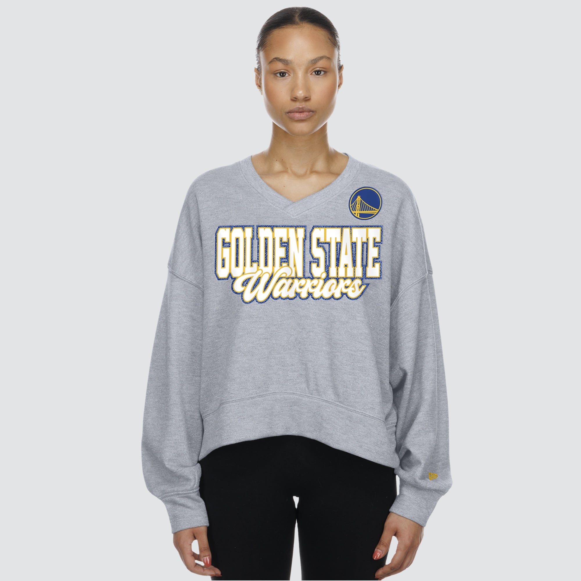 Women's New Era Heather Gray Golden State Warriors Oversized Cropped V-Neck Fleece Sweatshirt