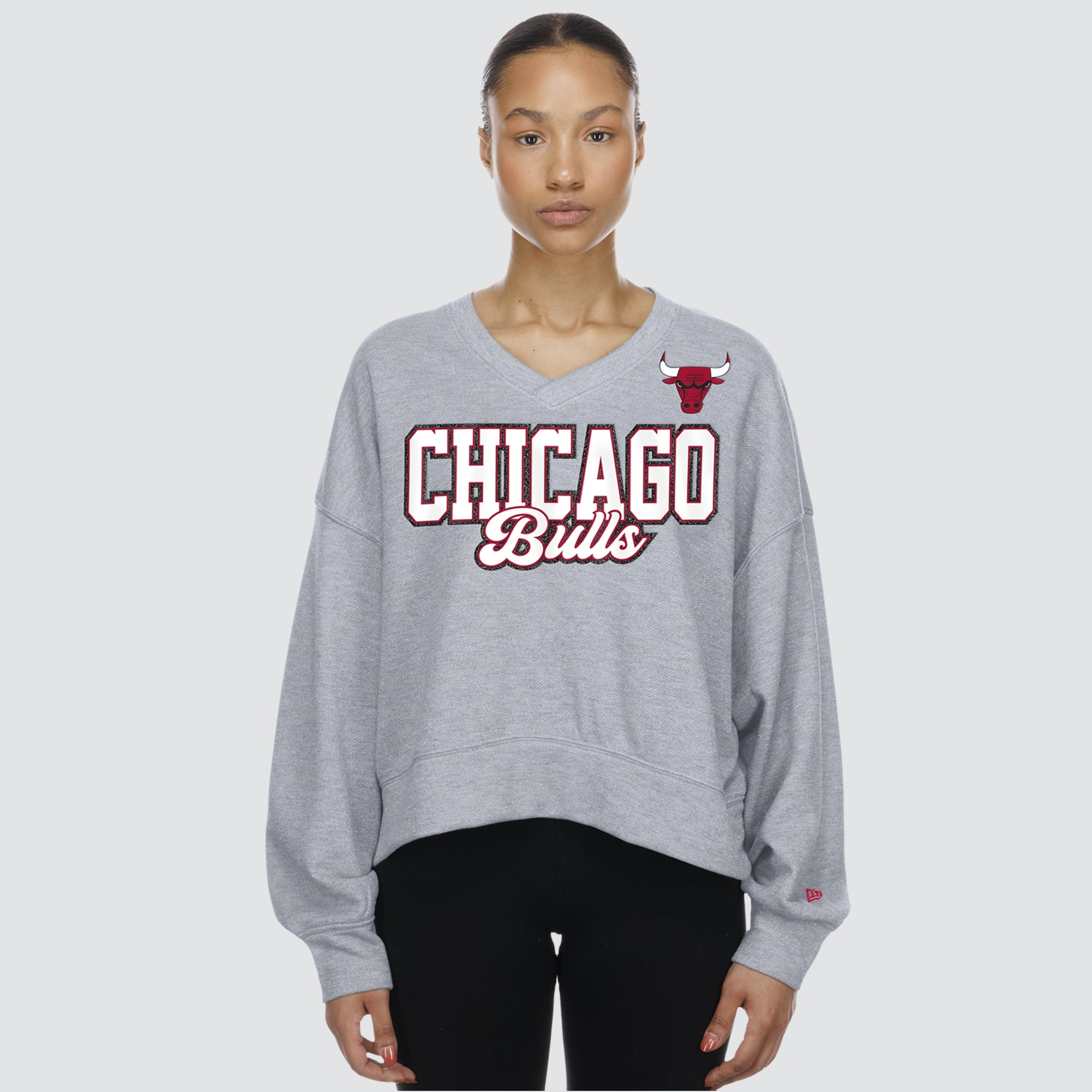 Women's New Era Gray Chicago Bulls Oversized Cropped V-Neck Fleece Sweatshirt