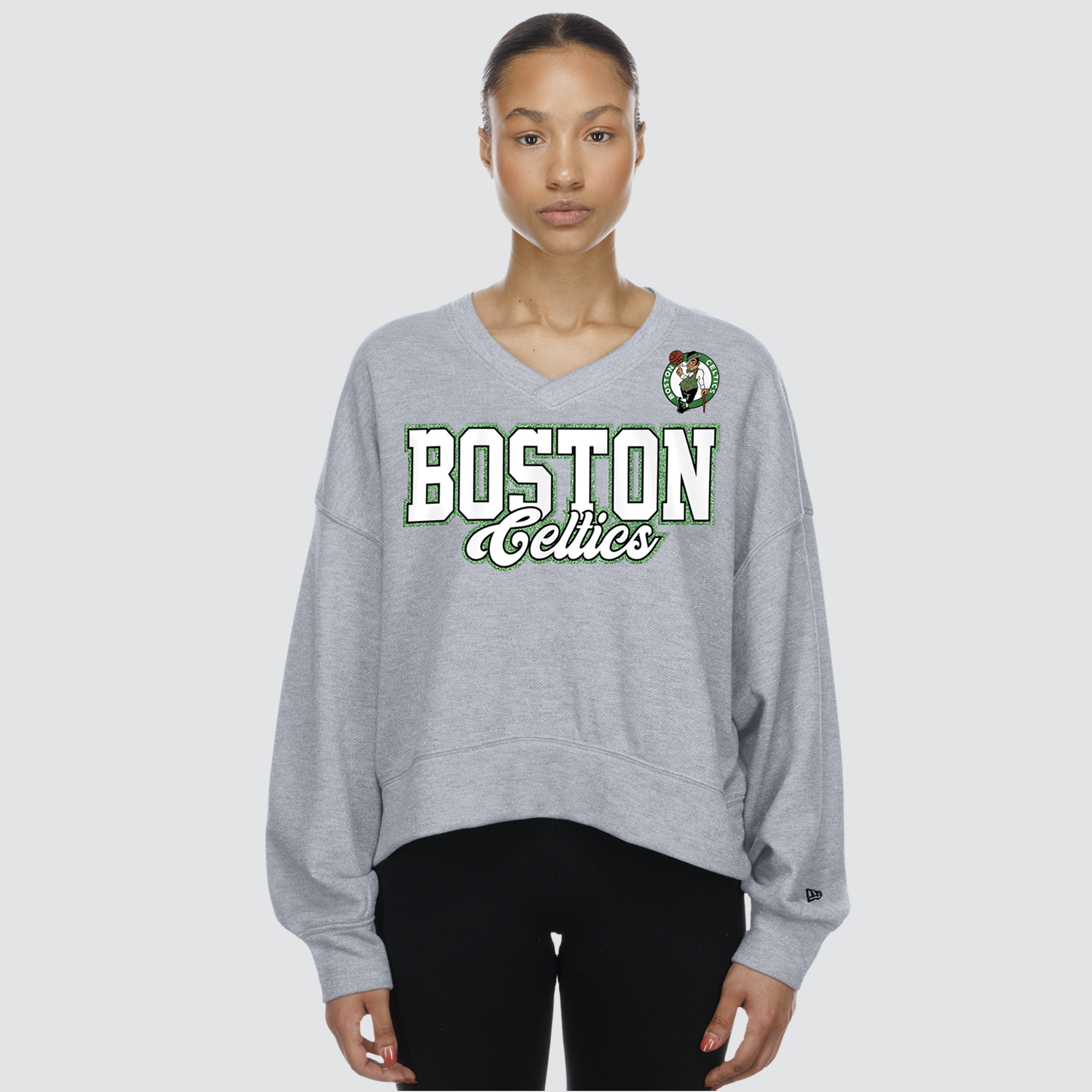 Women's New Era Heather Gray Boston Celtics Oversized Cropped V-Neck Fleece Sweatshirt
