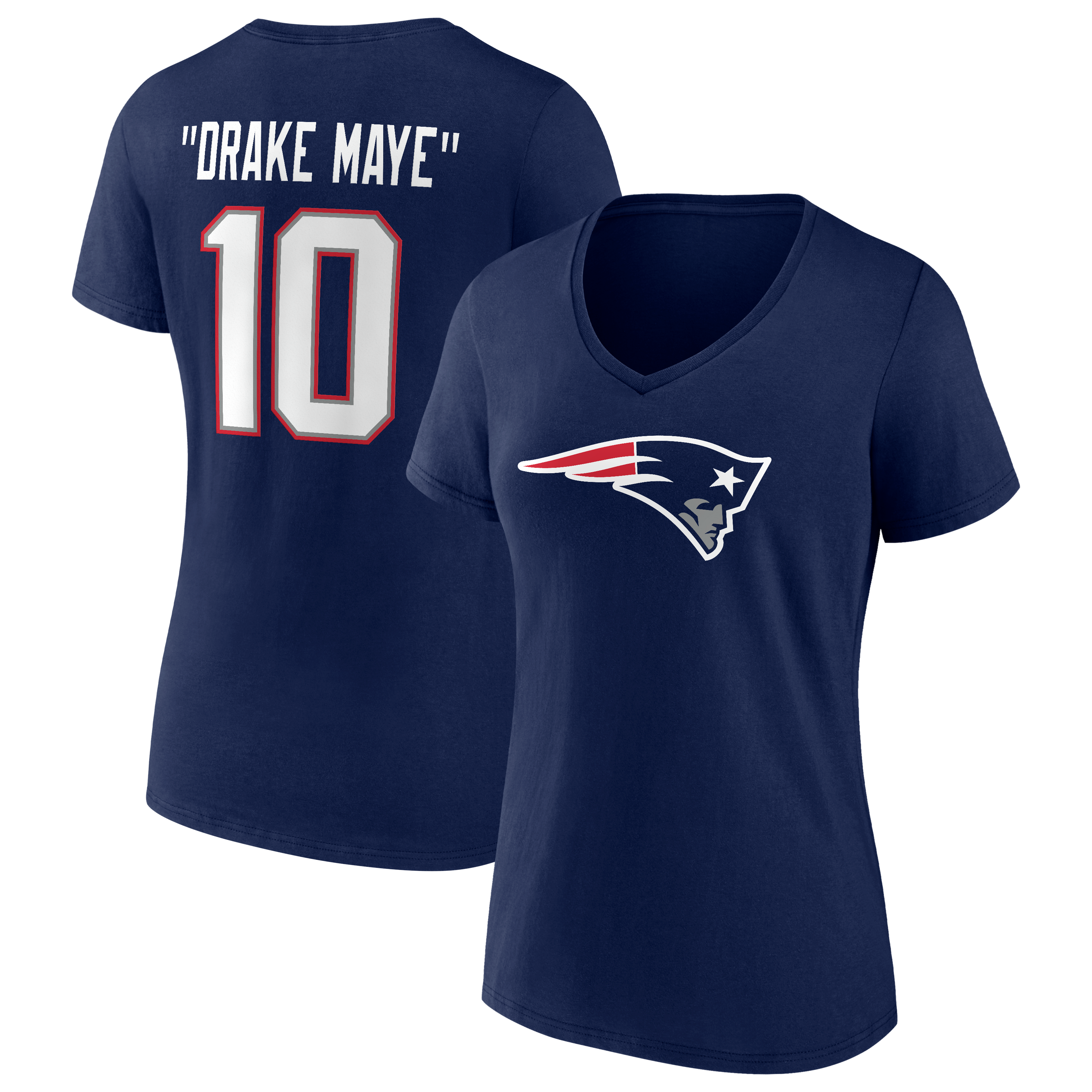 Women's Drake Maye Navy New England Patriots Nickname V-Neck T-Shirt