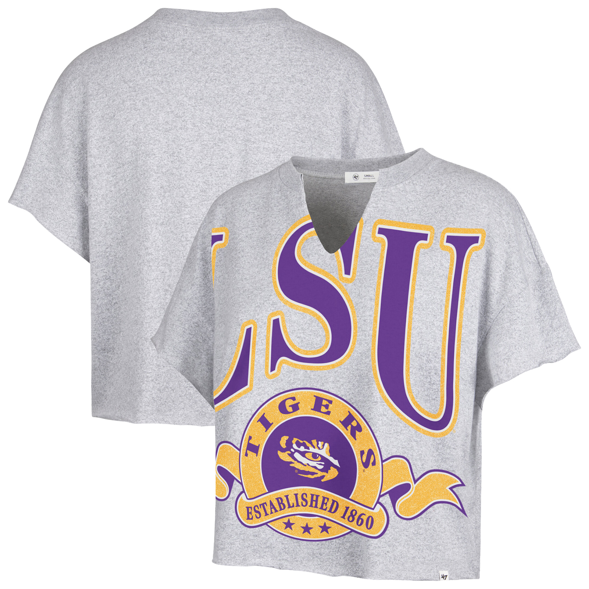 Women's '47  Heather Gray LSU Tigers Banners Out Oversized Notch-Neck T-Shirt
