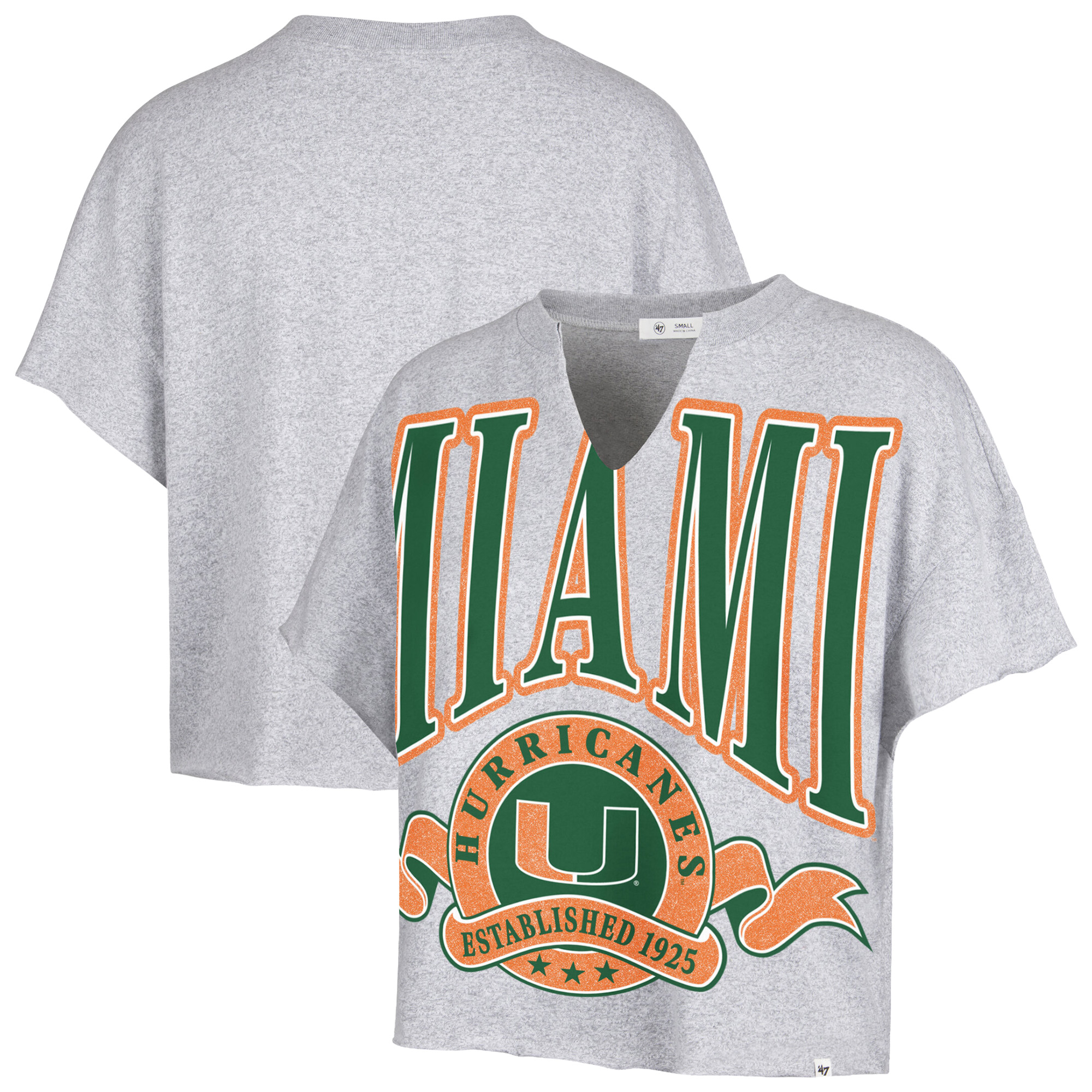Women's '47  Heather Gray Miami Hurricanes Banners Out Oversized Notch-Neck T-Shirt