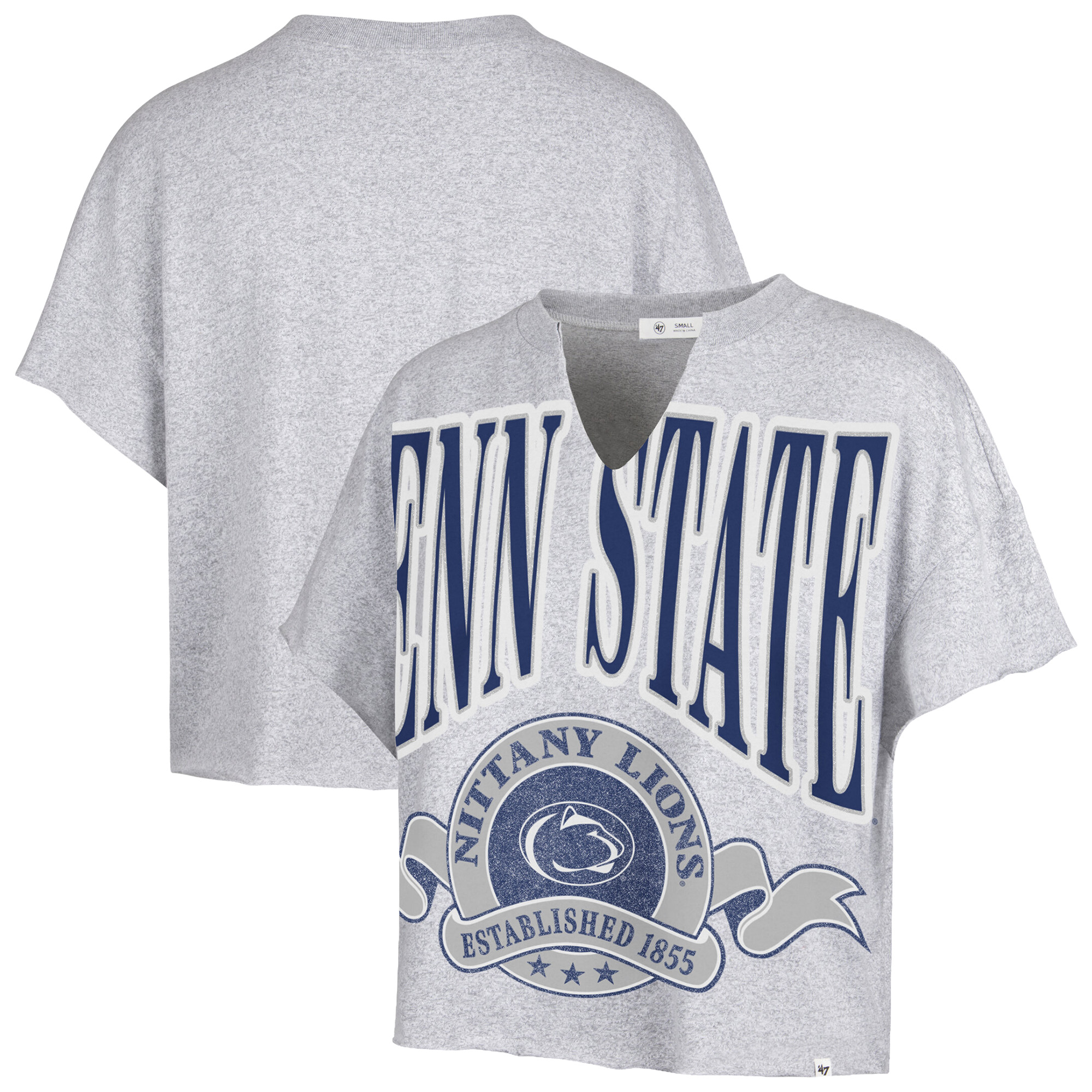 Women's '47  Heather Gray Penn State Nittany Lions Banners Out Oversized Notch-Neck T-Shirt