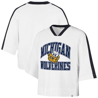 Women's '47  White Michigan Wolverines Big Overarch Drop Needle Raglan V-Neck T-Shirt