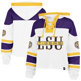 Women's '47  White LSU Tigers Cut Thru Cropped Superior Lacer Pullover Hoodie