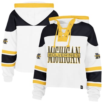 Women's '47  White Michigan Wolverines Cut Thru Cropped Superior Lacer Pullover Hoodie