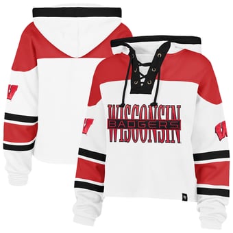Women's '47  White Wisconsin Badgers Cut Thru Cropped Superior Lacer Pullover Hoodie