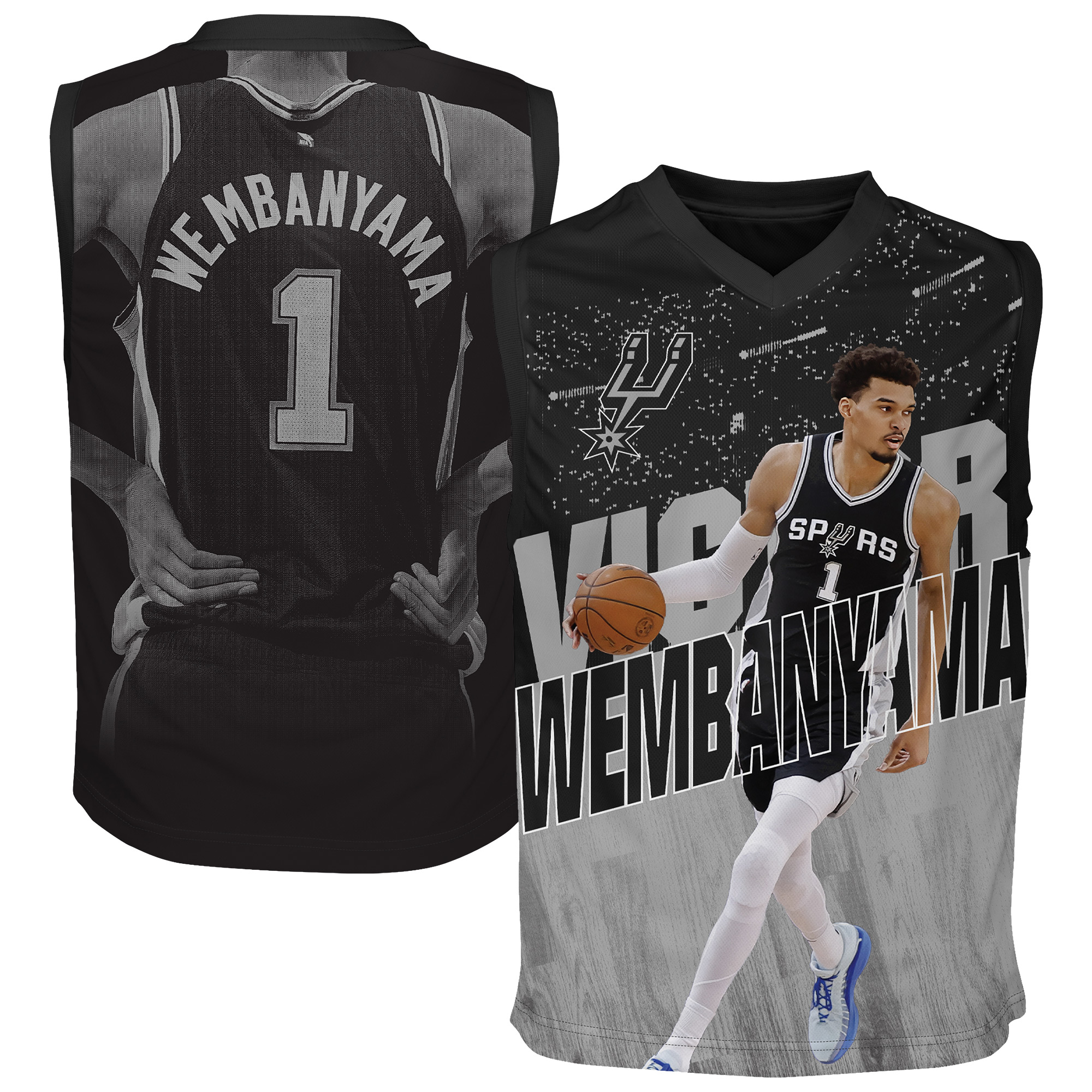 Outerstuff Big Boys' and Girls' Victor Wembanyama Black San Antonio Spurs Icon Play Jersey - Black