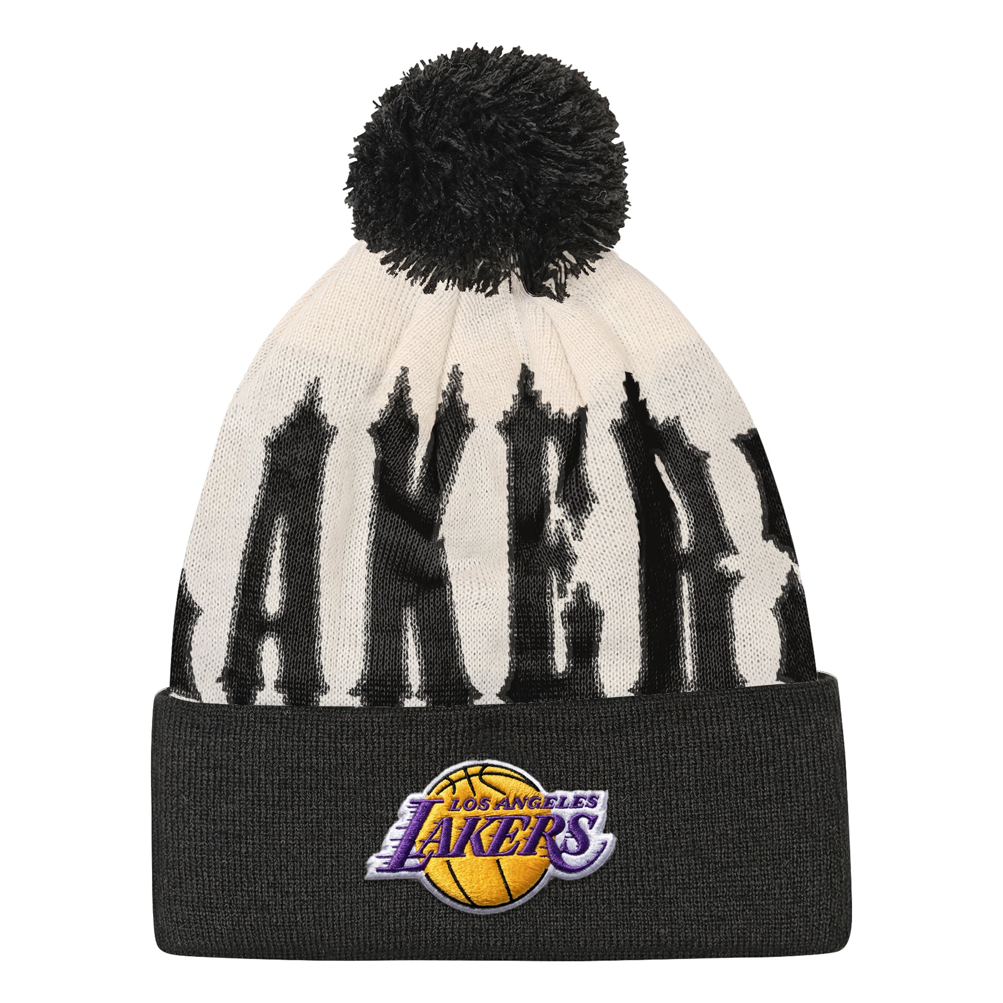 Youth Outerstuff Natural/Black Los Angeles Lakers Rim Rocker Cuffed Knit Hat with Pom