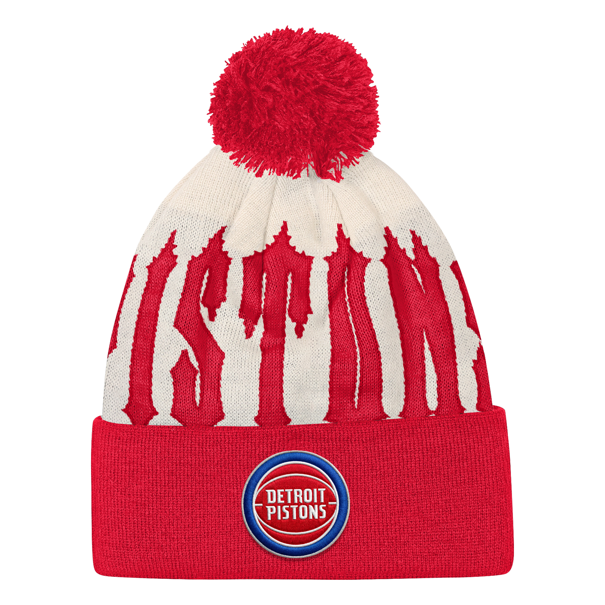 Youth Outerstuff Natural/Red Detroit Pistons Rim Rocker Cuffed Knit Hat with Pom