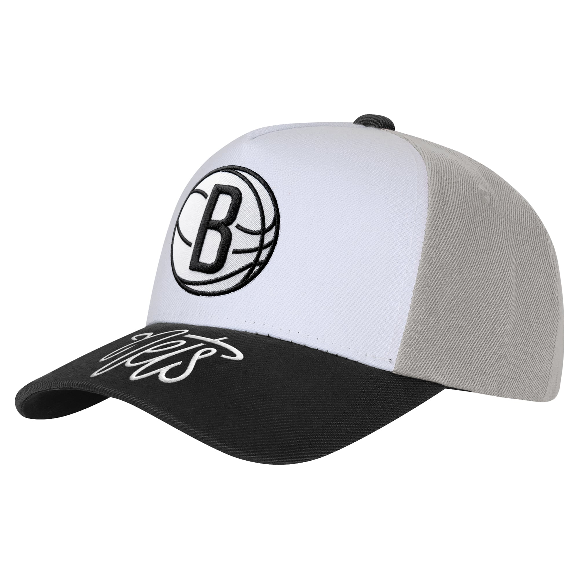 Youth Outerstuff White/Black Brooklyn Nets Logo Three Pro Pinch Pre-Curved Adjustable Hat