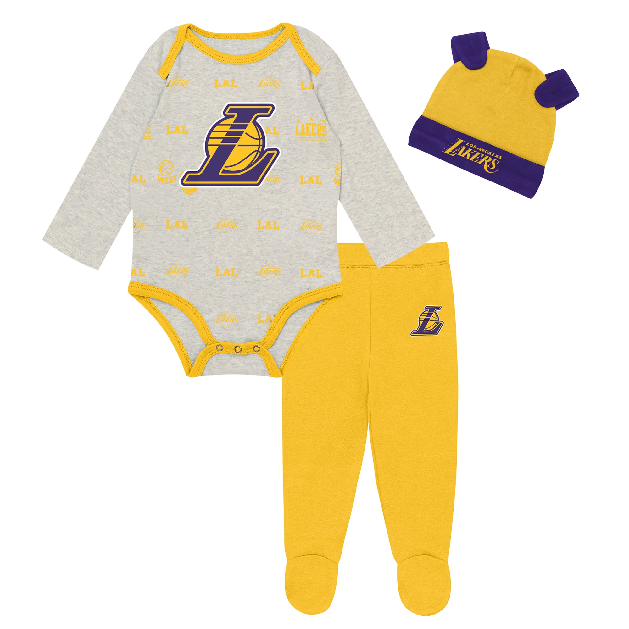 Newborn & Infant Outerstuff Los Angeles Lakers Pinch Post Bodysuit, Pants & Cuffed Knit Hat Set