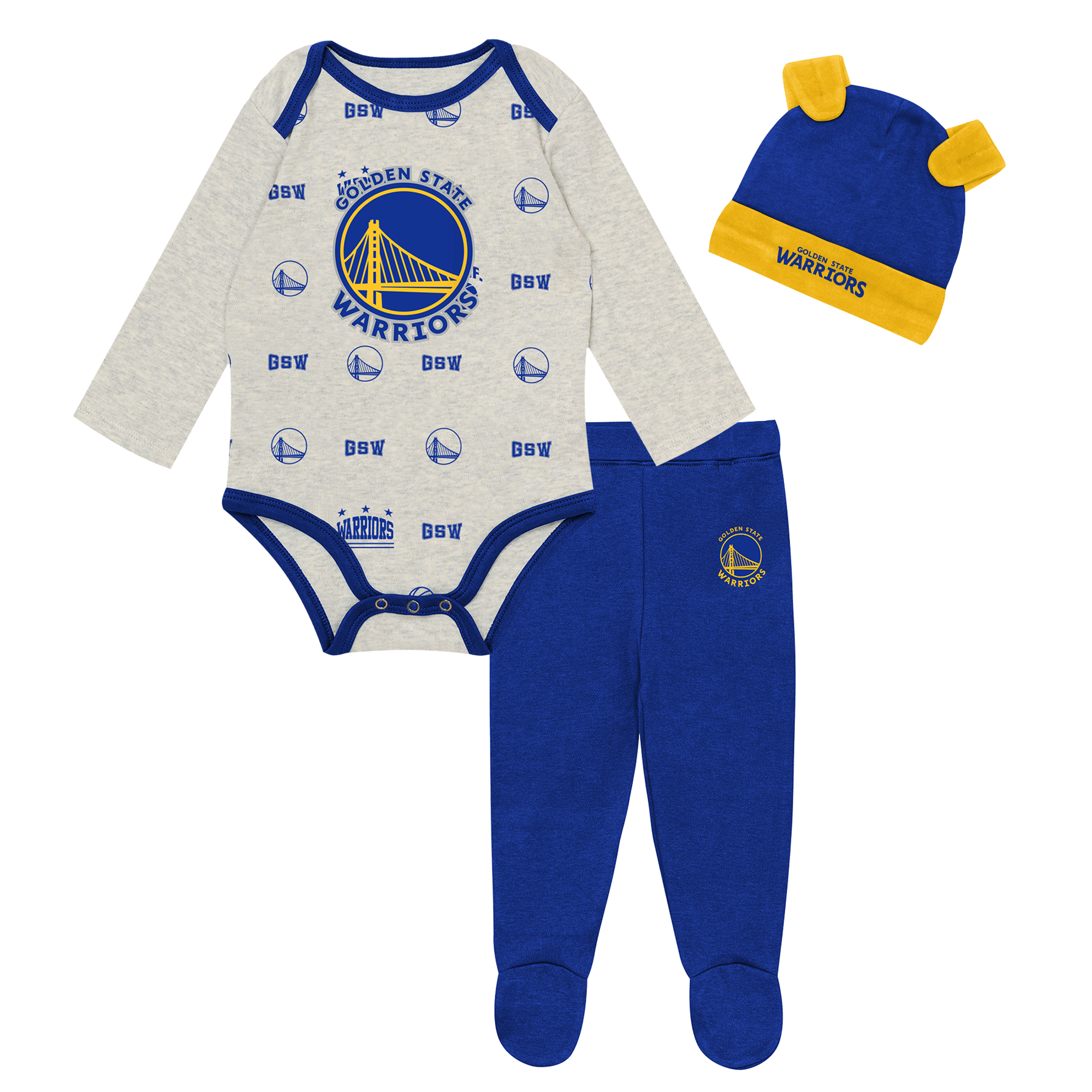 Newborn & Infant Outerstuff Golden State Warriors Pinch Post Bodysuit, Pants & Cuffed Knit Hat Set