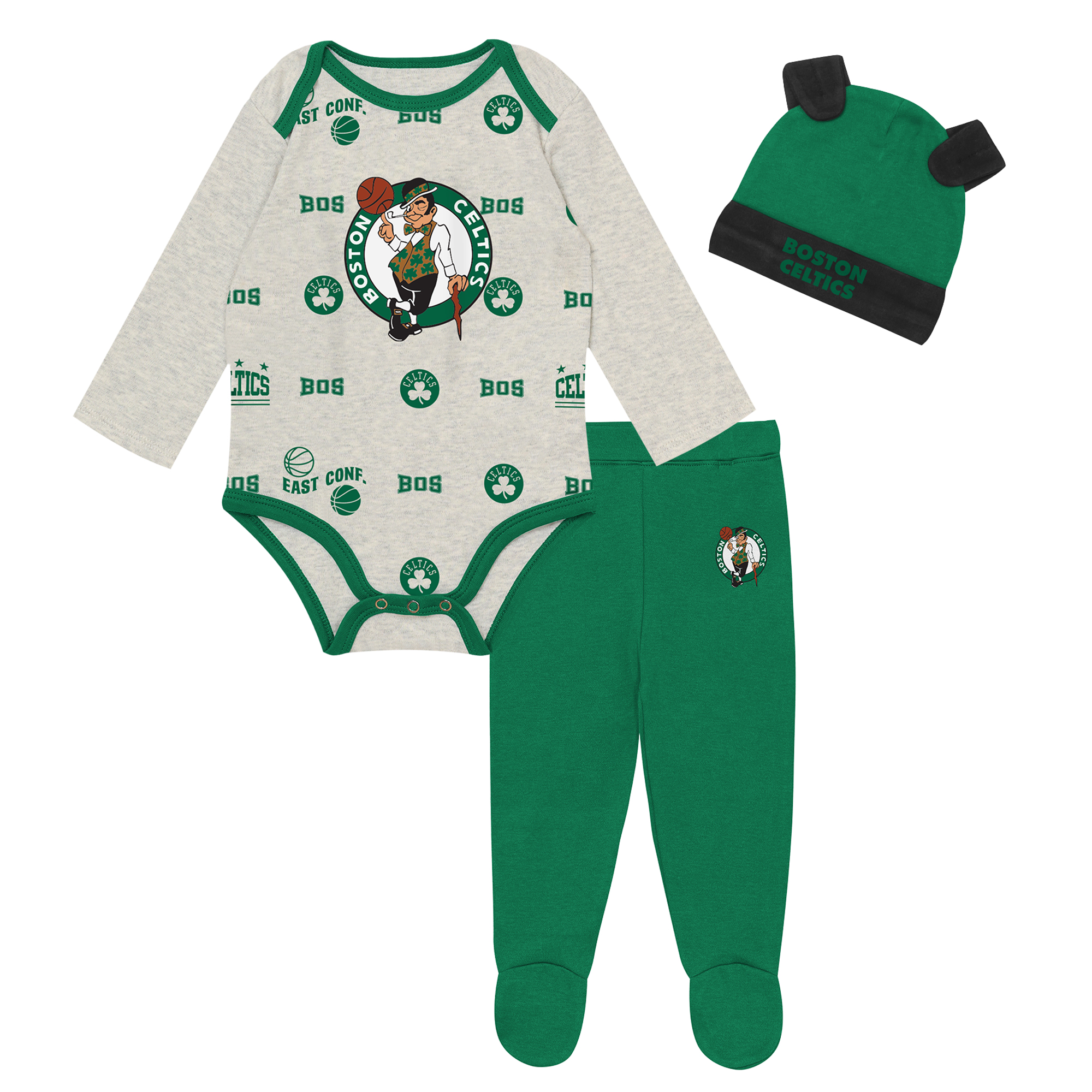 Outerstuff Baby Boys and Girls Boston Celtics Pinch Post Bodysuit, Pants Cuffed Knit Hat Set - Green