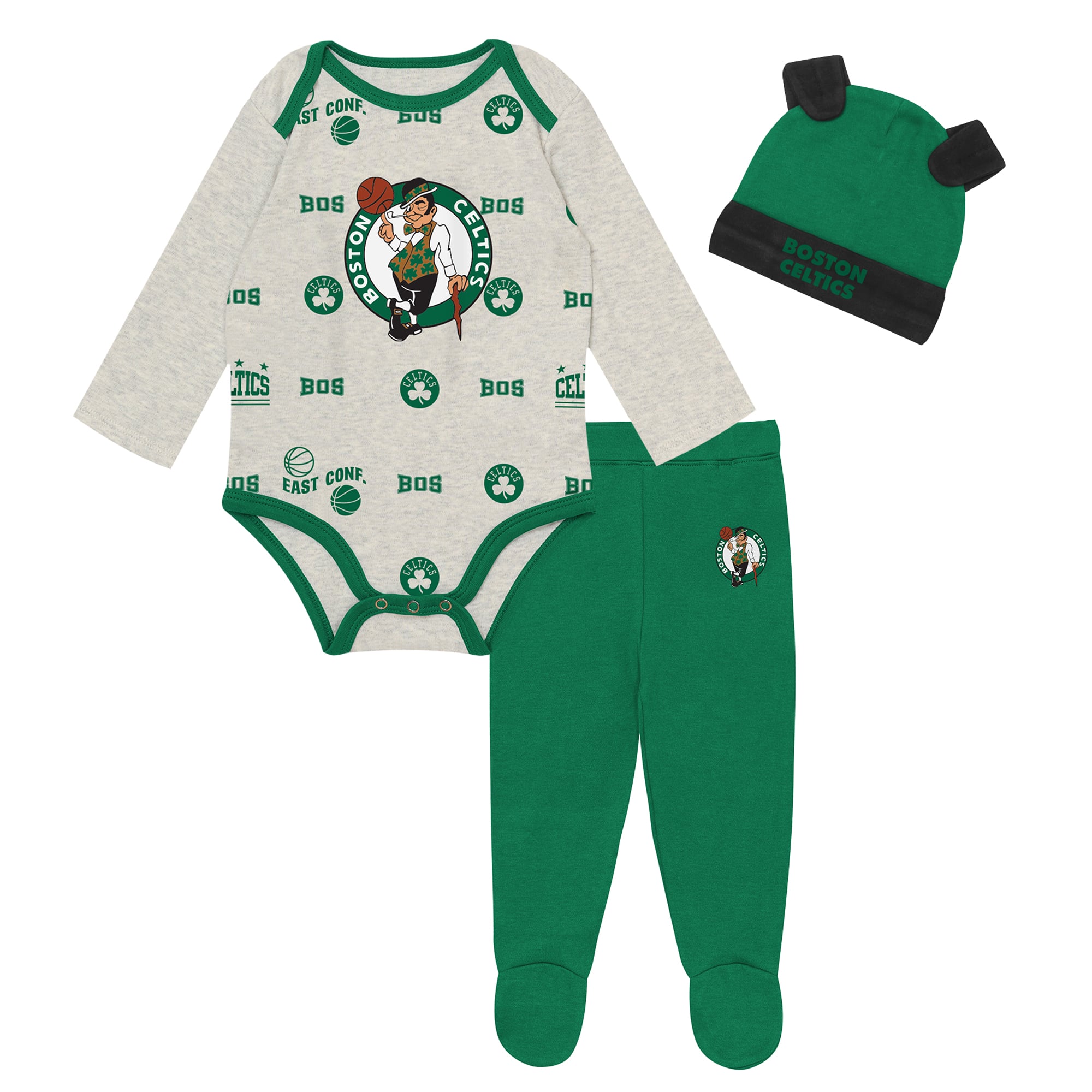 Newborn & Infant Outerstuff Boston Celtics Pinch Post Bodysuit, Pants & Cuffed Knit Hat Set