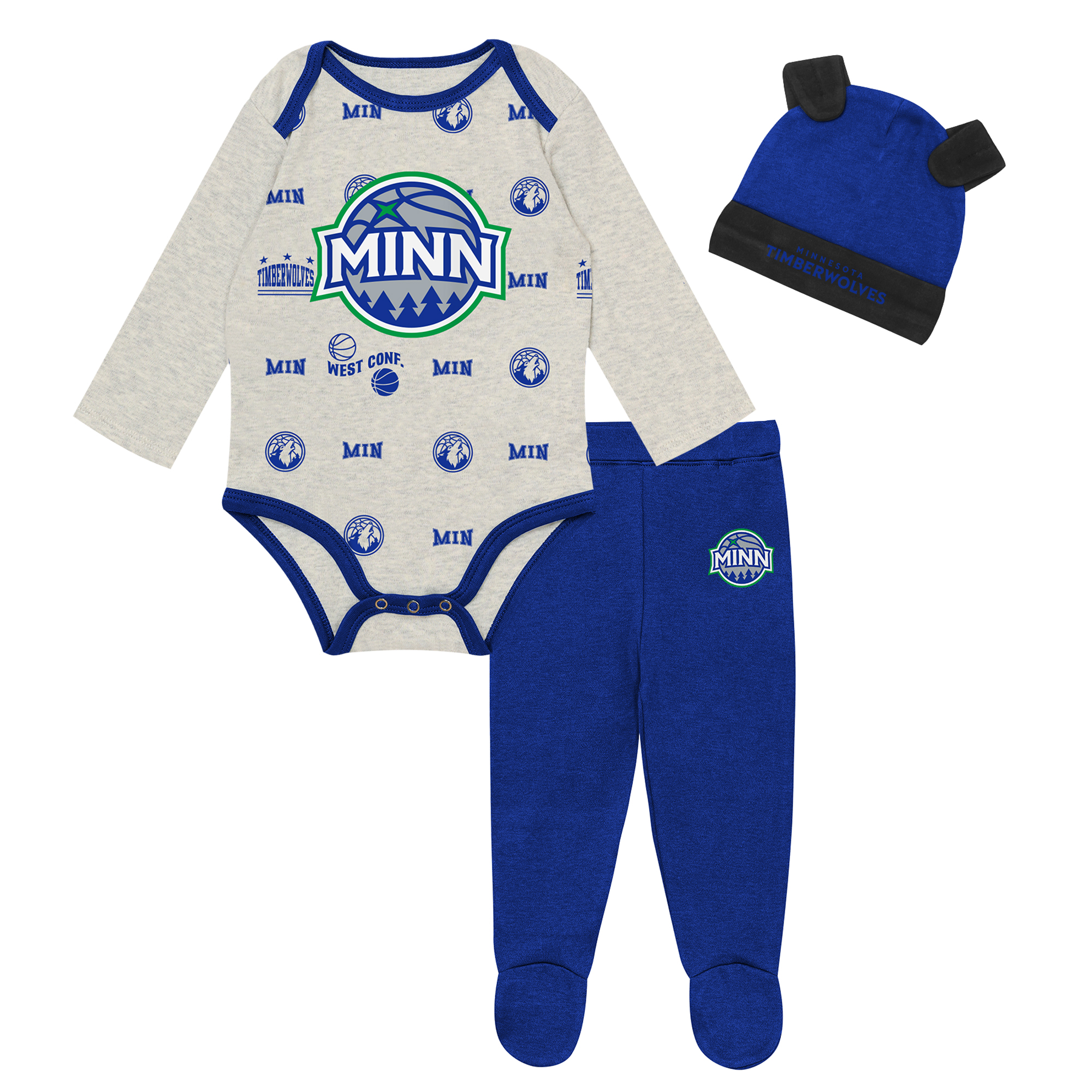 Newborn & Infant Outerstuff Minnesota Timberwolves Pinch Post Bodysuit, Pants & Cuffed Knit Hat Set
