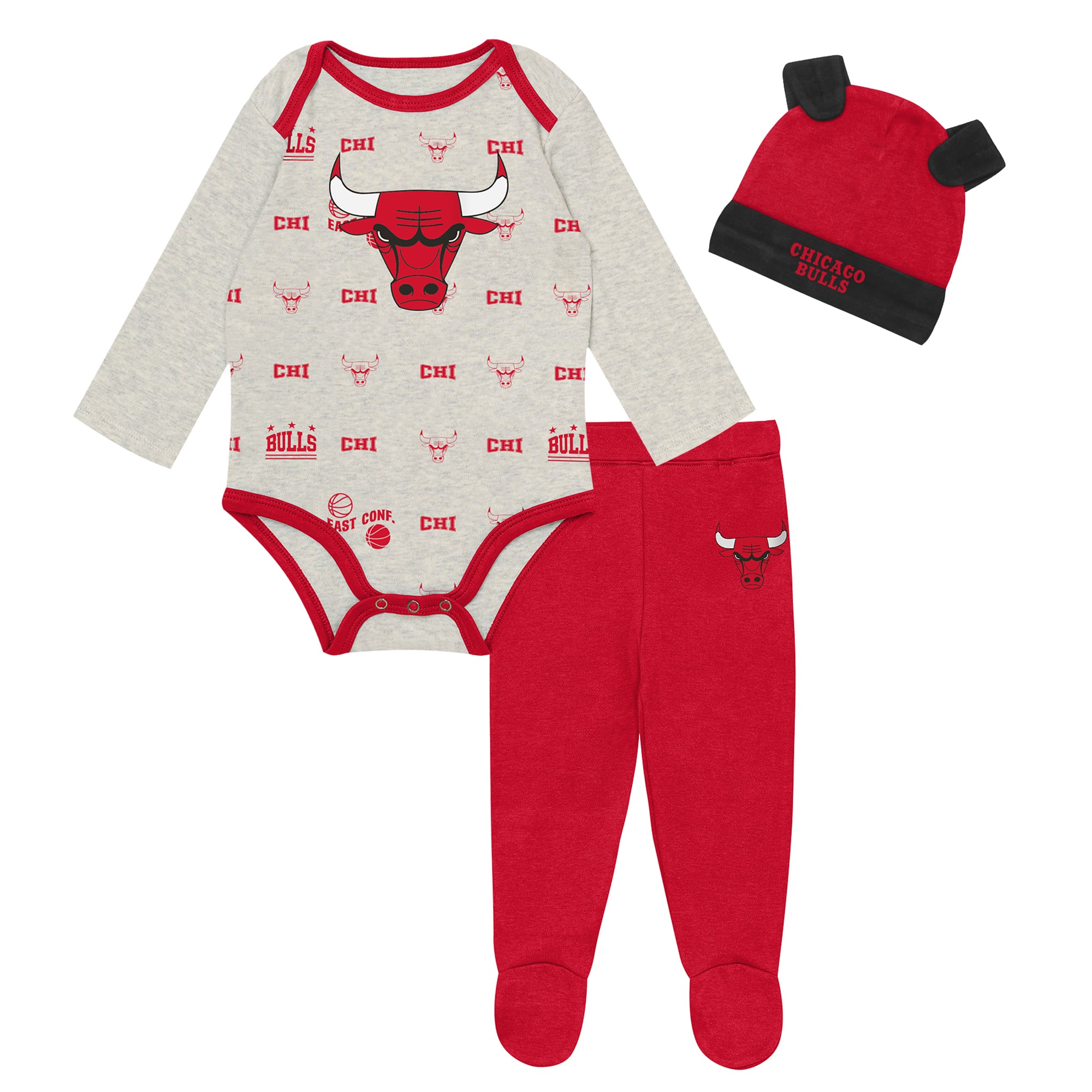 Newborn & Infant Outerstuff Chicago Bulls Pinch Post Bodysuit, Pants & Cuffed Knit Hat Set