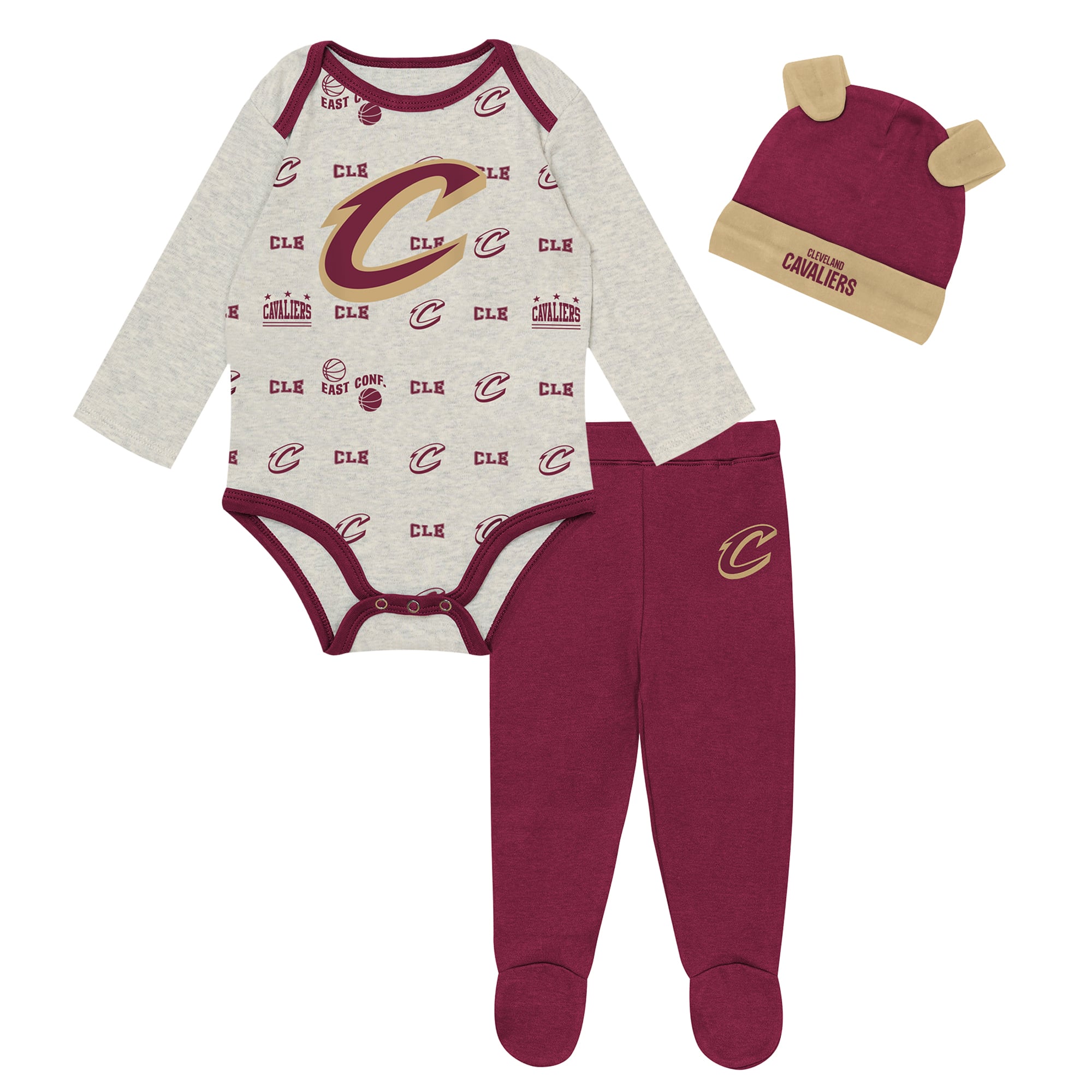 Newborn & Infant Outerstuff Cleveland Cavaliers Pinch Post Bodysuit, Pants & Cuffed Knit Hat Set