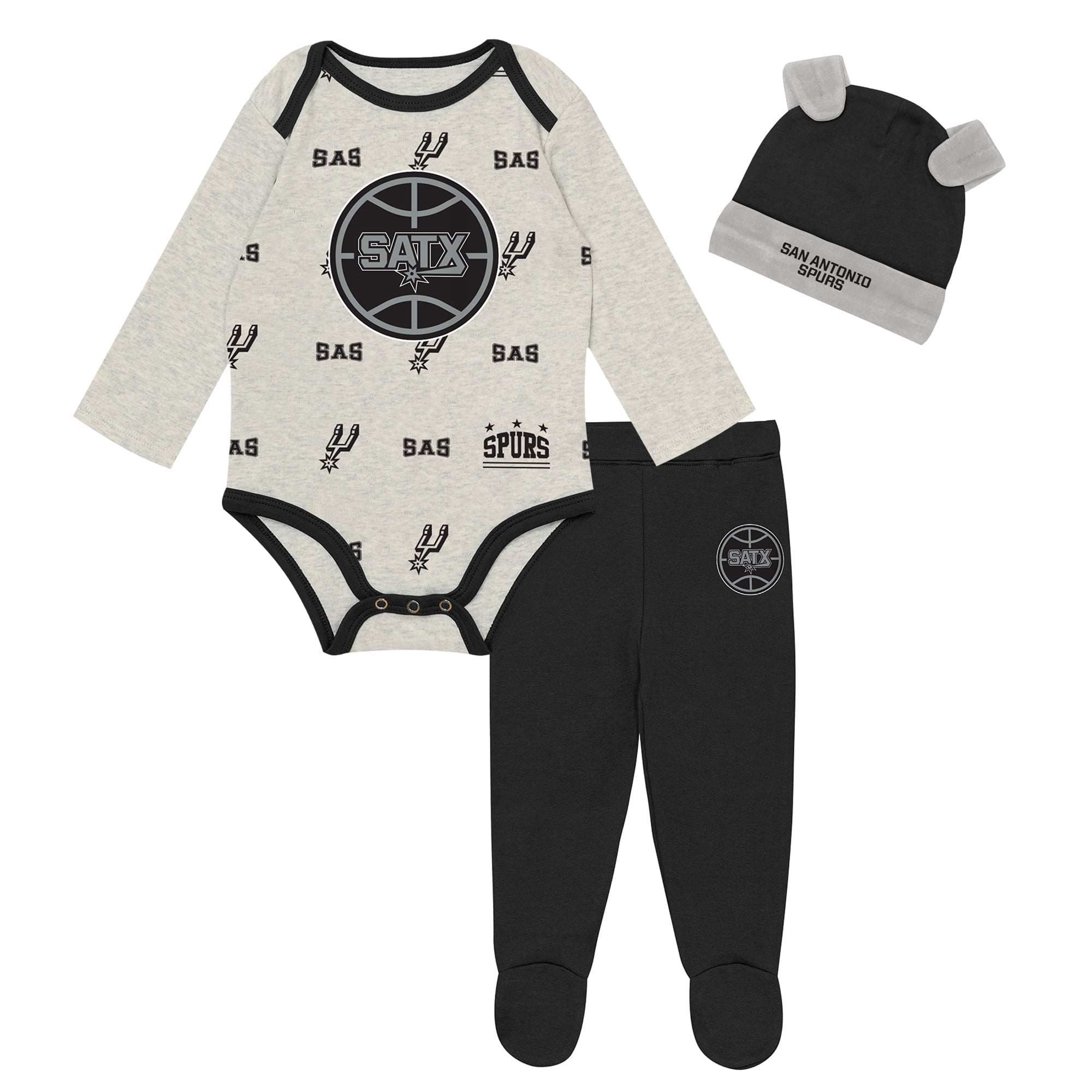 Newborn & Infant Outerstuff San Antonio Spurs Pinch Post Bodysuit, Pants & Cuffed Knit Hat Set