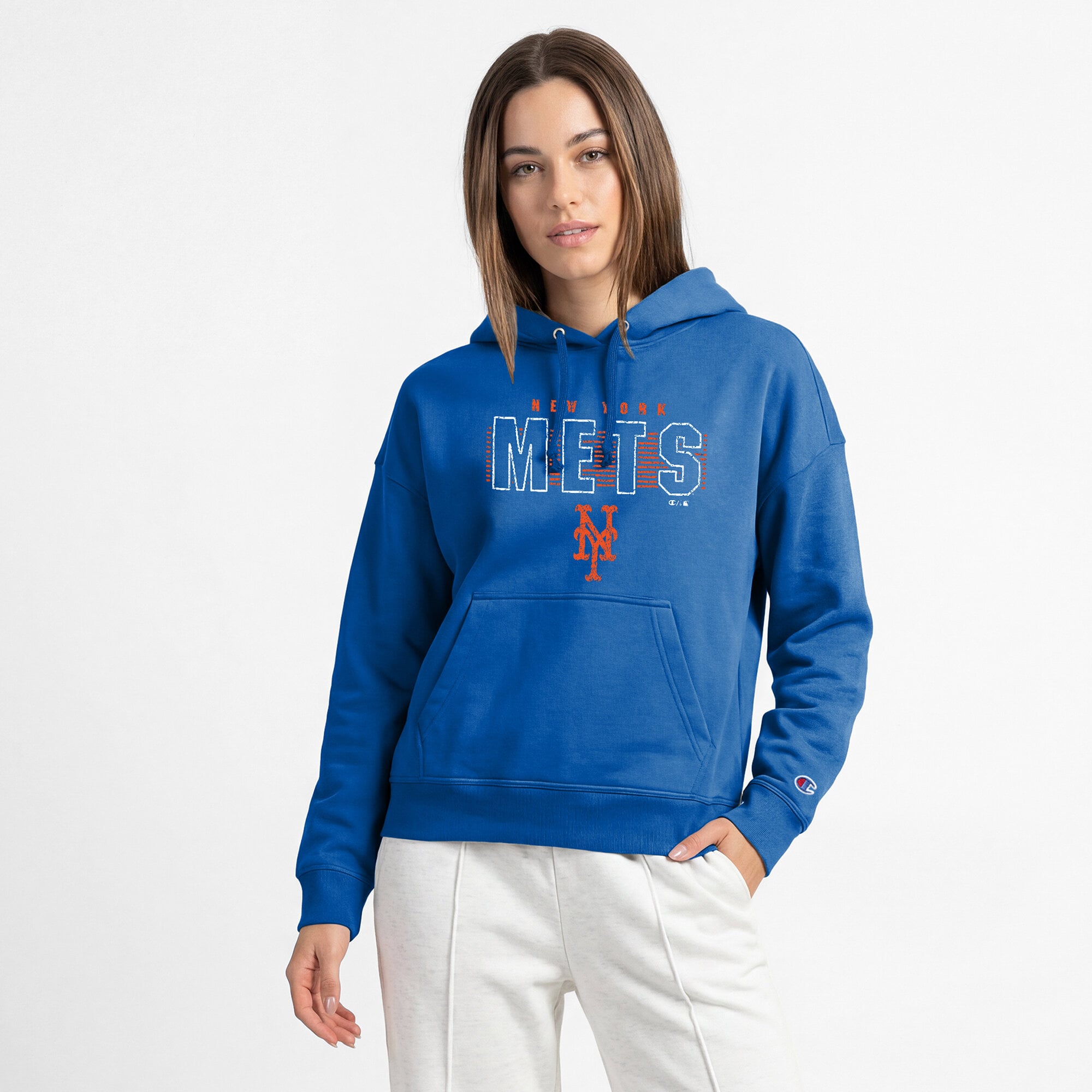 Women's Champion Royal New York Mets Distressed Powerblend Hoodie