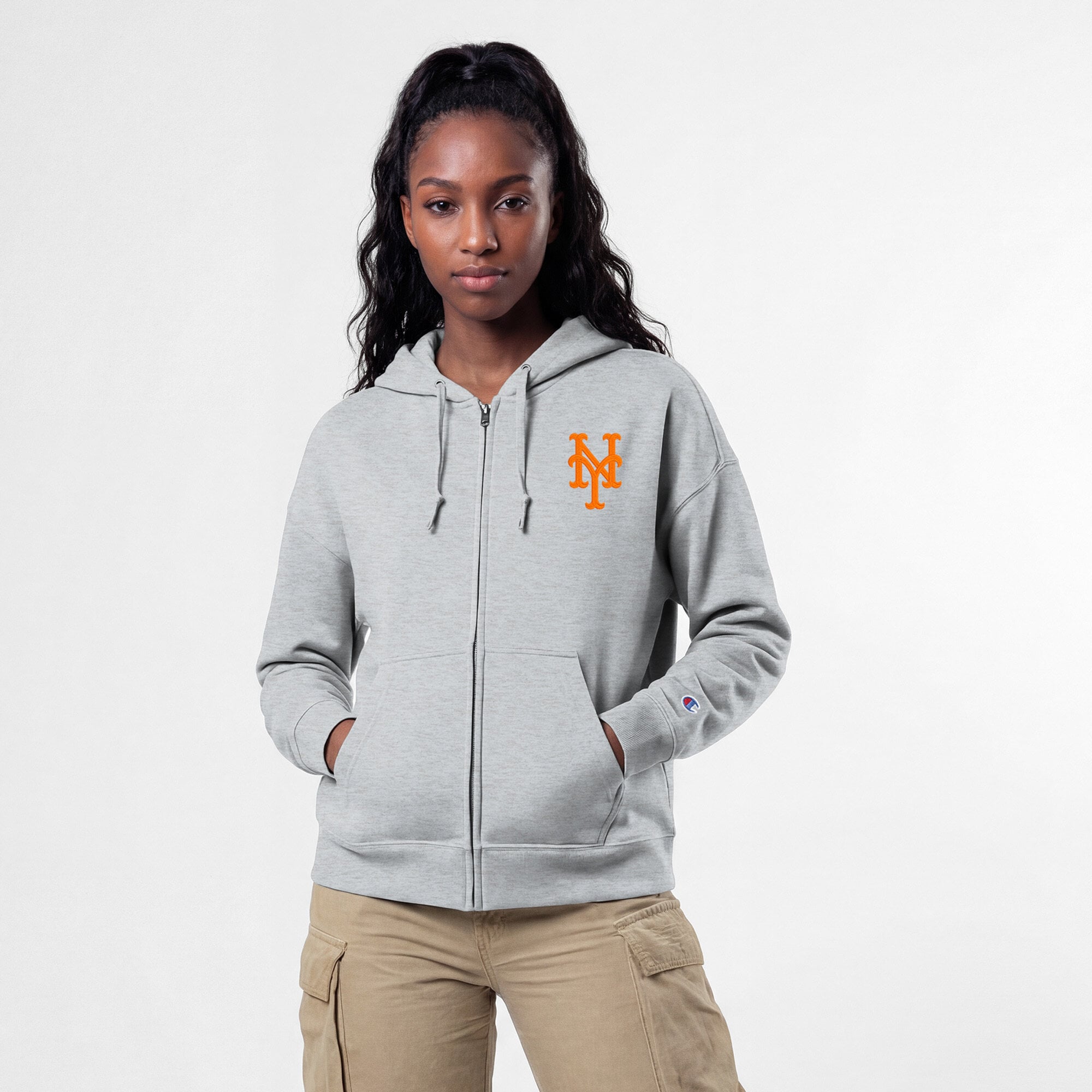 Women's Champion Heather Gray New York Mets Powerblend Fleece Full-Zip Hoodie