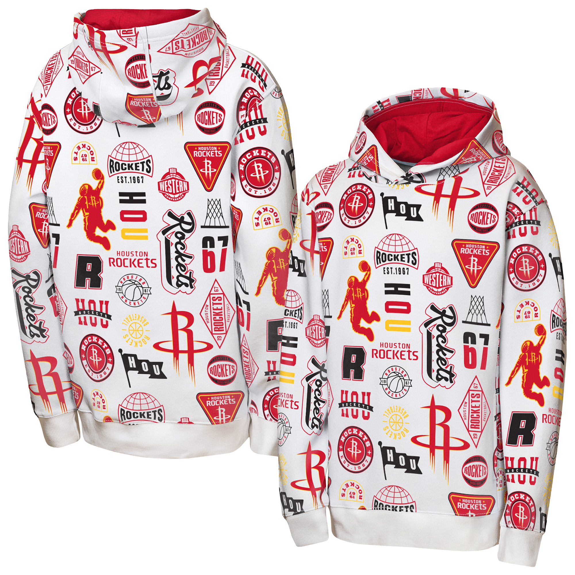 NBA Team Apparel Youth Houston Rockets 3 and D All Over Print Hoodie, Medium, White