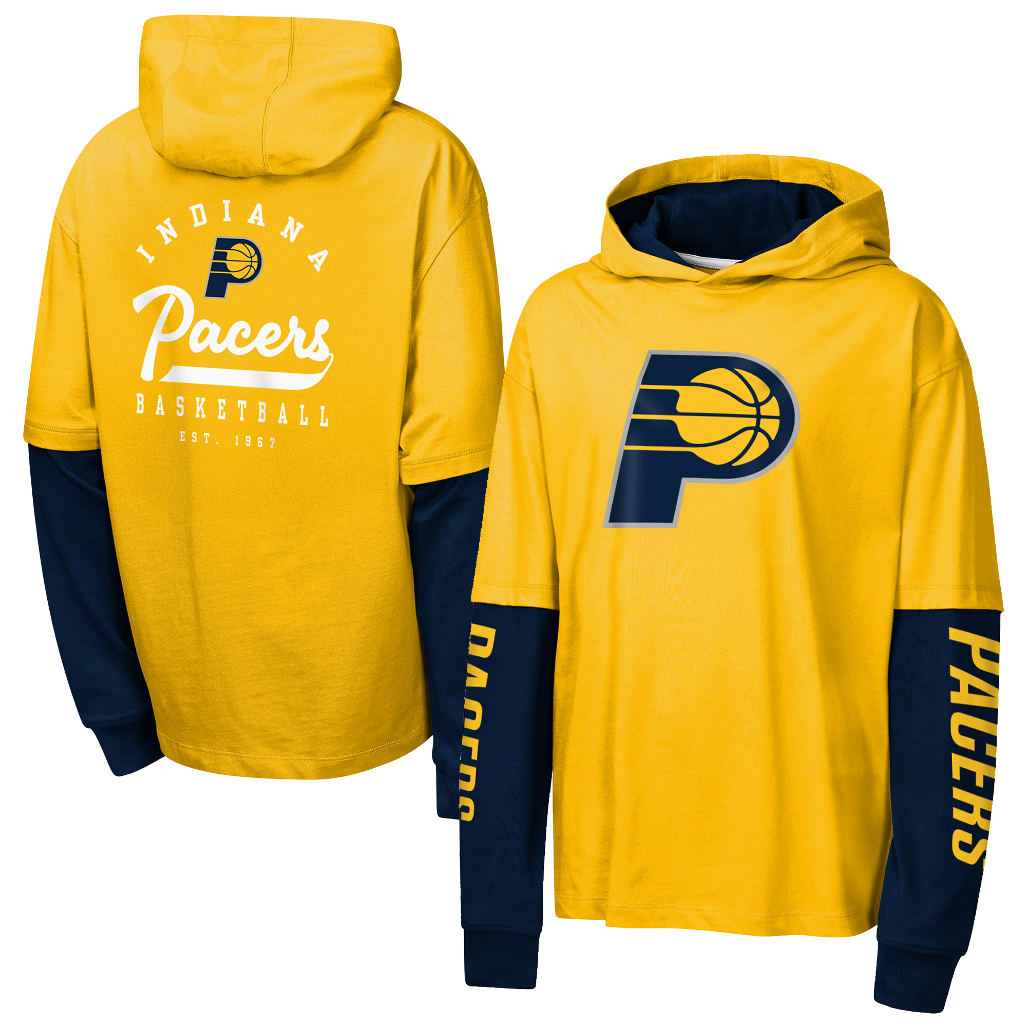 Outerstuff Big Boys' and Girls' Gold Indiana Pacers Double Nickel Oversized Faux 2fer Hooded T-Shirt - Gold